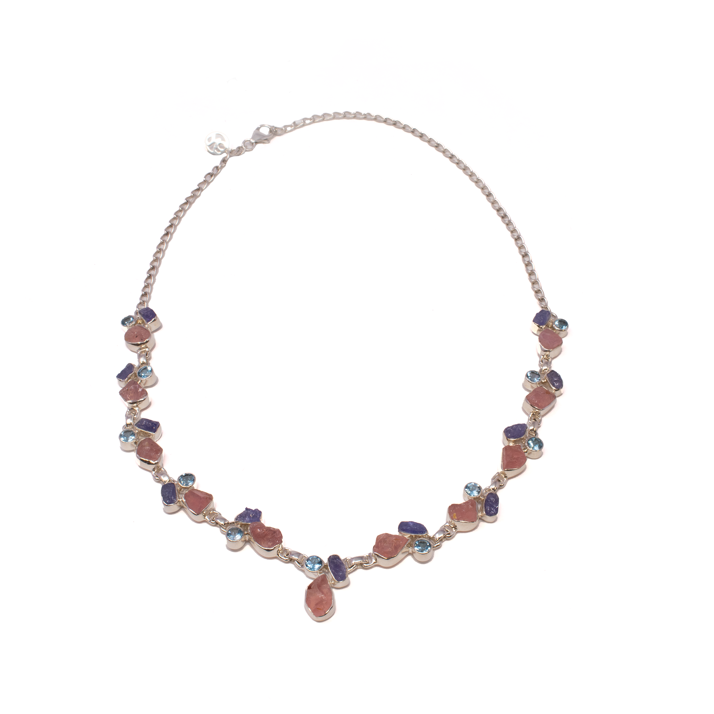 Rose Quartz Necklace - 11 Rough Freeforms with 11 Rough Tanzanite Nuggets & 11 Faceted Blue Topaz Rounds - 925 Sterling Silver Bezels