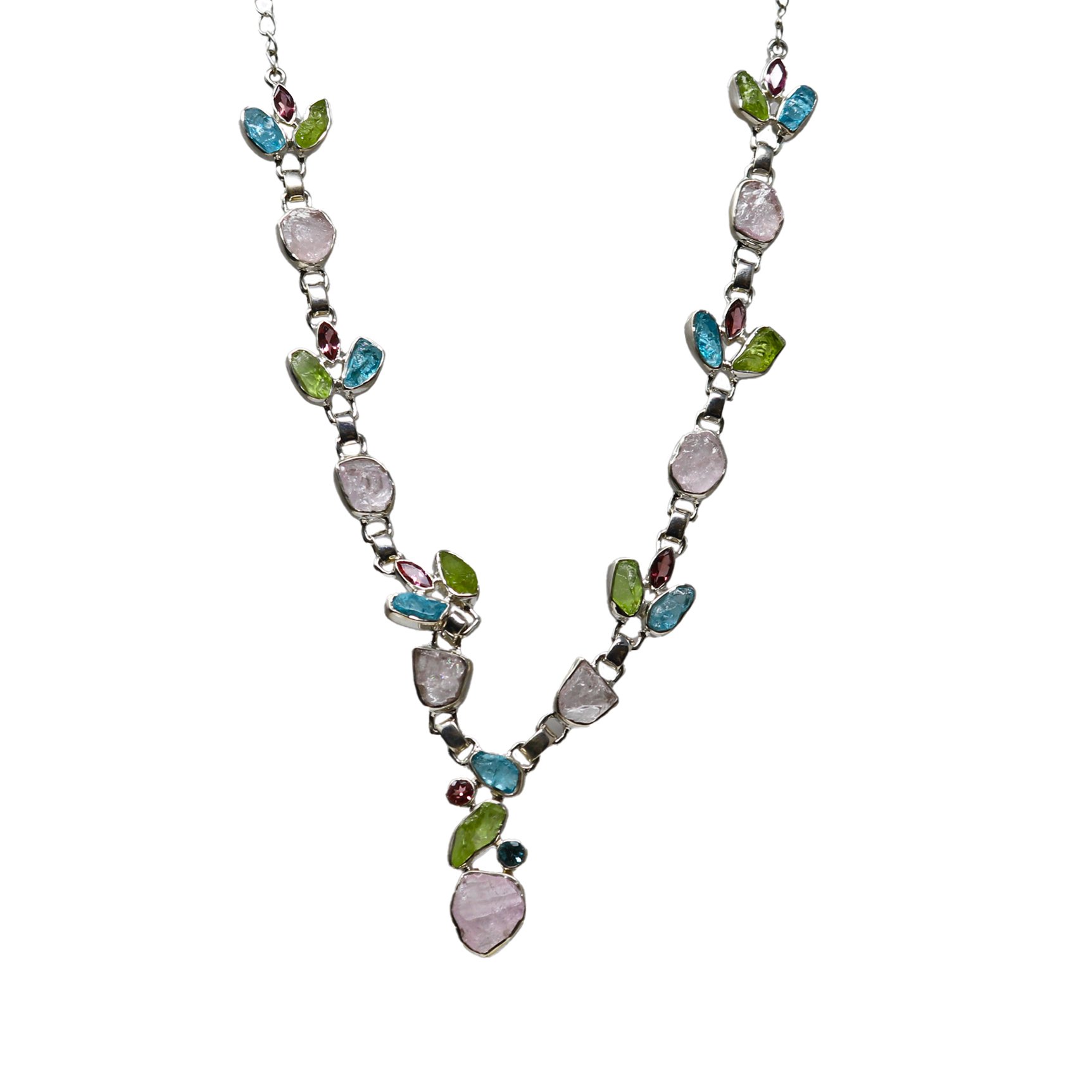 Morganite Necklace - 7 Rough Freeforms with 7 Trios of Rough Peridot & Blue Apatite Freeforms with Faceted Pink Tourmaline Sharp Oval - 925 Sterling Silver Bezels