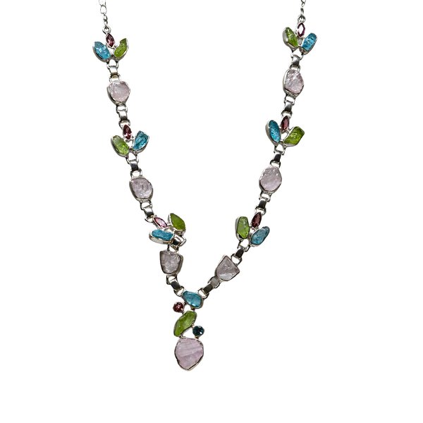 Closeup photo of Morganite Necklace - 7 Rough Freeforms with 7 Trios of Rough Peridot & Blue Apatite Freeforms with Faceted Pink Tourmaline Sharp Oval - 925 Sterling Silver Bezels