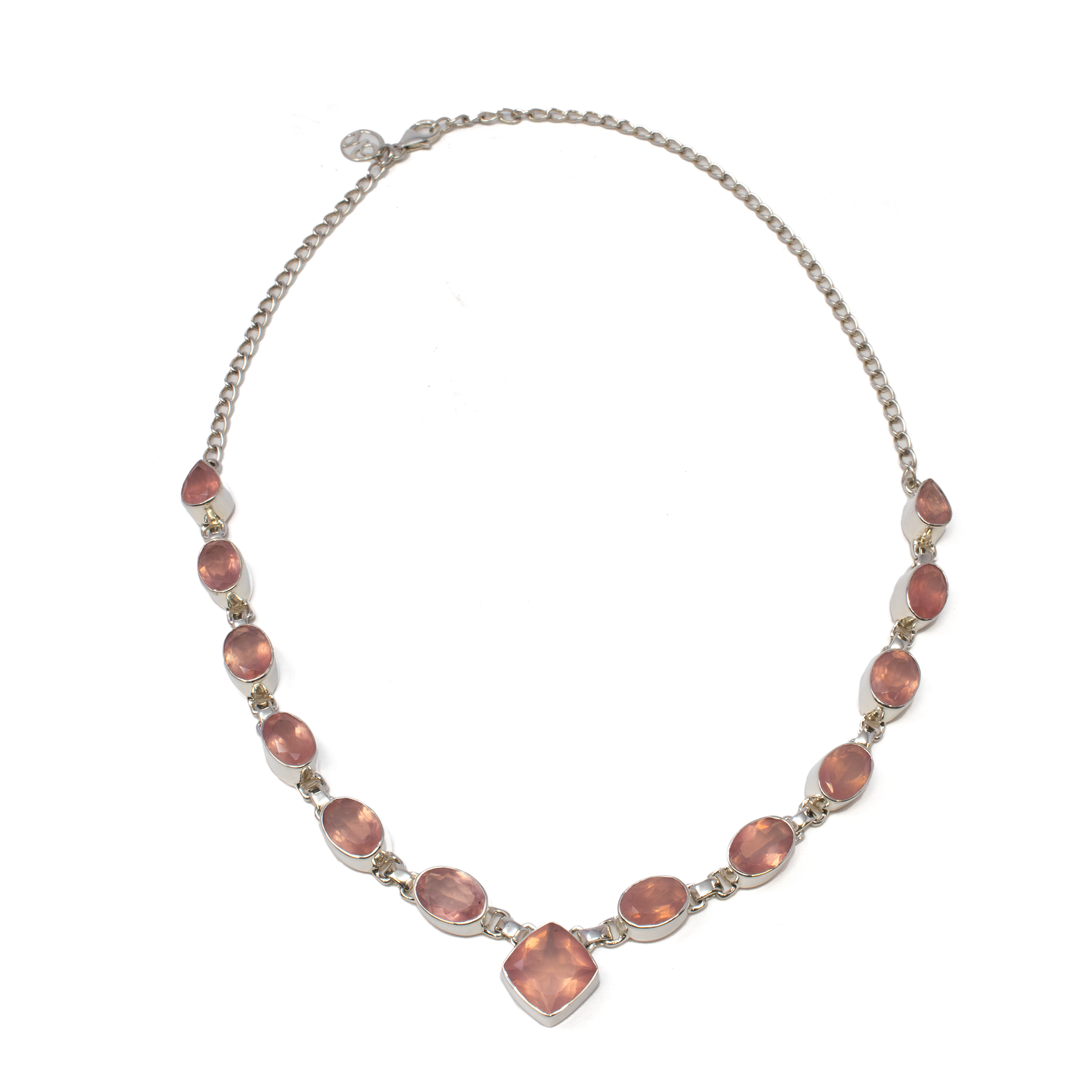 Rose Quartz Necklace - 10 Faceted Ovals with 2 Faceted Pears & 1 Faceted Diamond Set Square Centerpiece - Tall 925 Sterling Silver Bezels