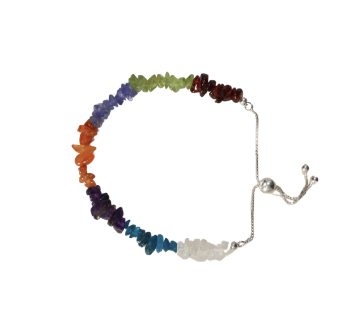 7 Chakra Beaded Bracelet - Chip Beads of Garnet Peridot Tanzanite Carnelian Amethyst Blue Apatite Quartz