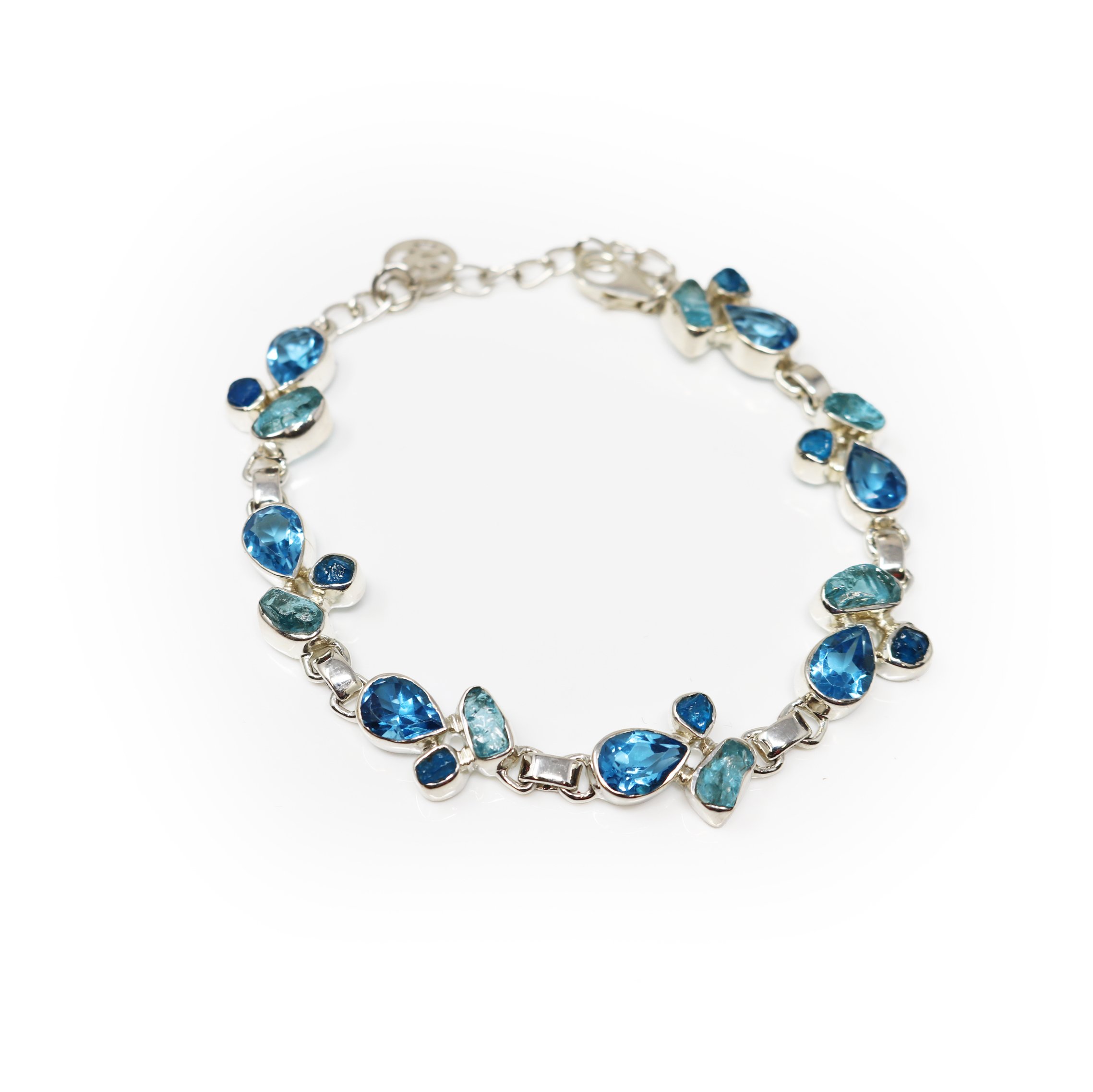 Blue Topaz Link Bracelet - 7 Faceted Pears with 14 Rough Blue Apatite Freeforms & 925 Sterling Silver Bezels