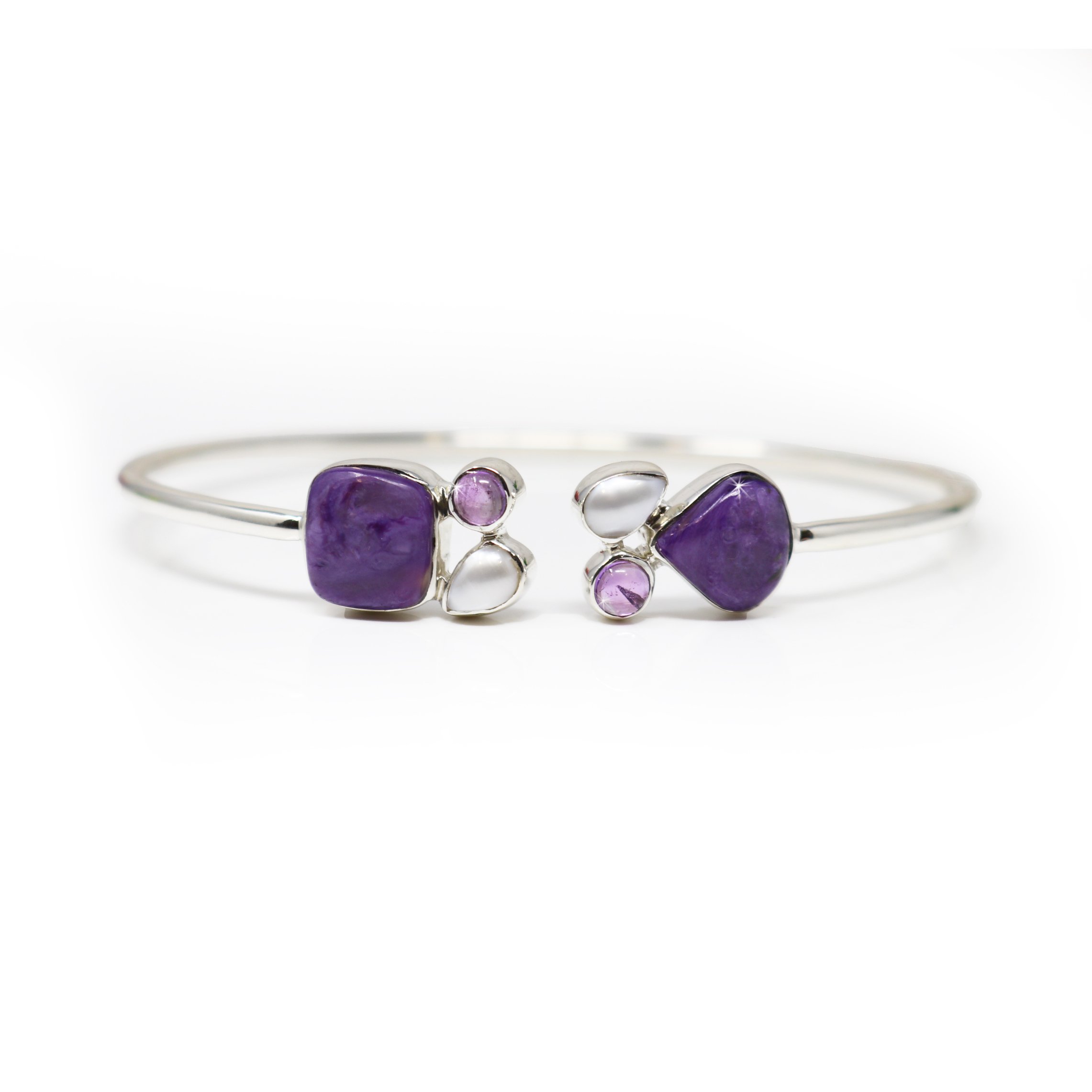 Charoite Twist Bracelet - Square & Pear Cabochon with Round Amethyst Cabochon & Freshwater Pearl Pear - 925 Sterling Silver Bezel & Band