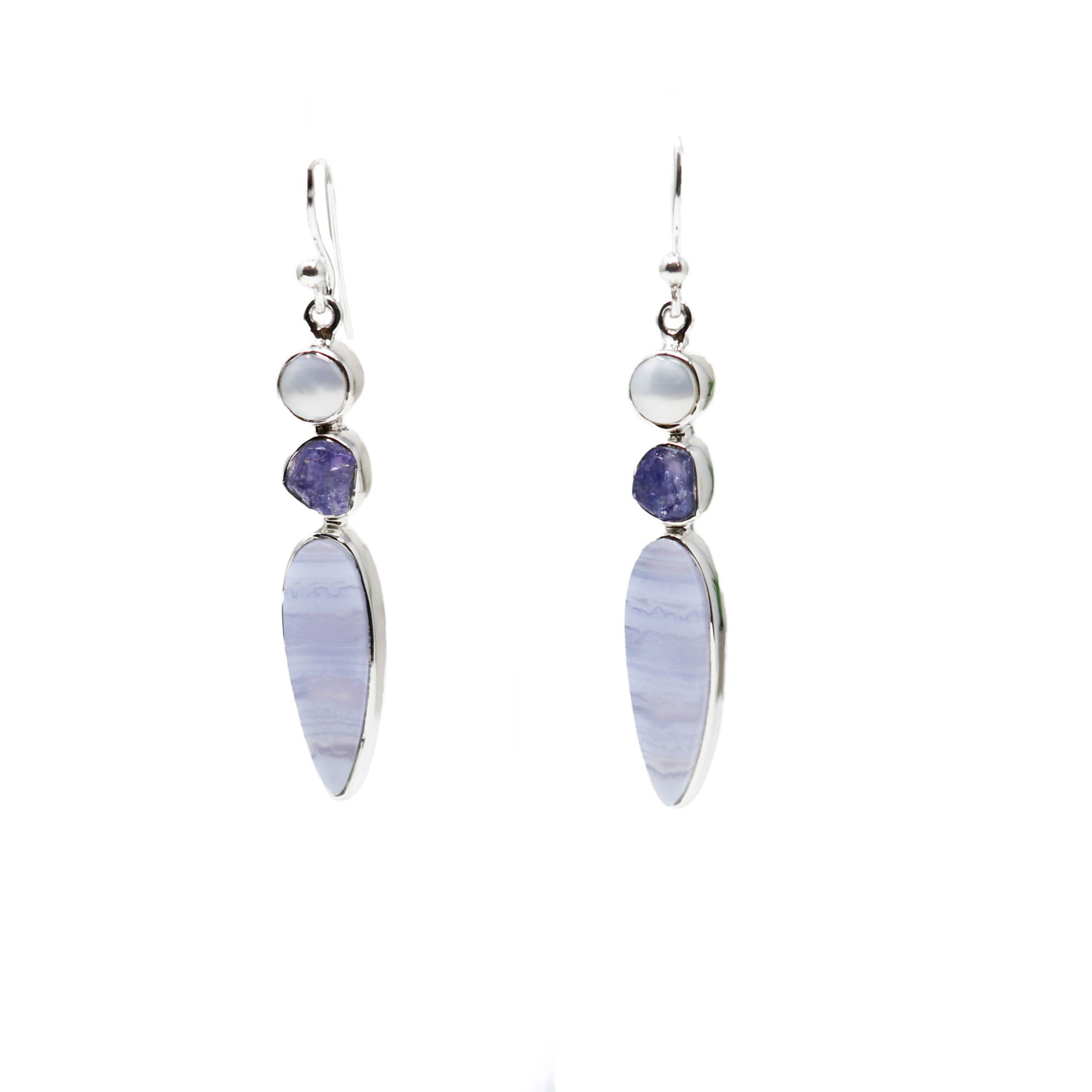 Blue Lace Agate Dangle Earrings - Elongated Reverse Pear with Rough Tanzanite & Freshwater Pearl Round - 925 Sterling Silver Bezels