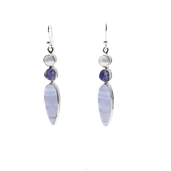 Closeup photo of Blue Lace Agate Dangle Earrings - Elongated Reverse Pear with Rough Tanzanite & Freshwater Pearl Round - 925 Sterling Silver Bezels