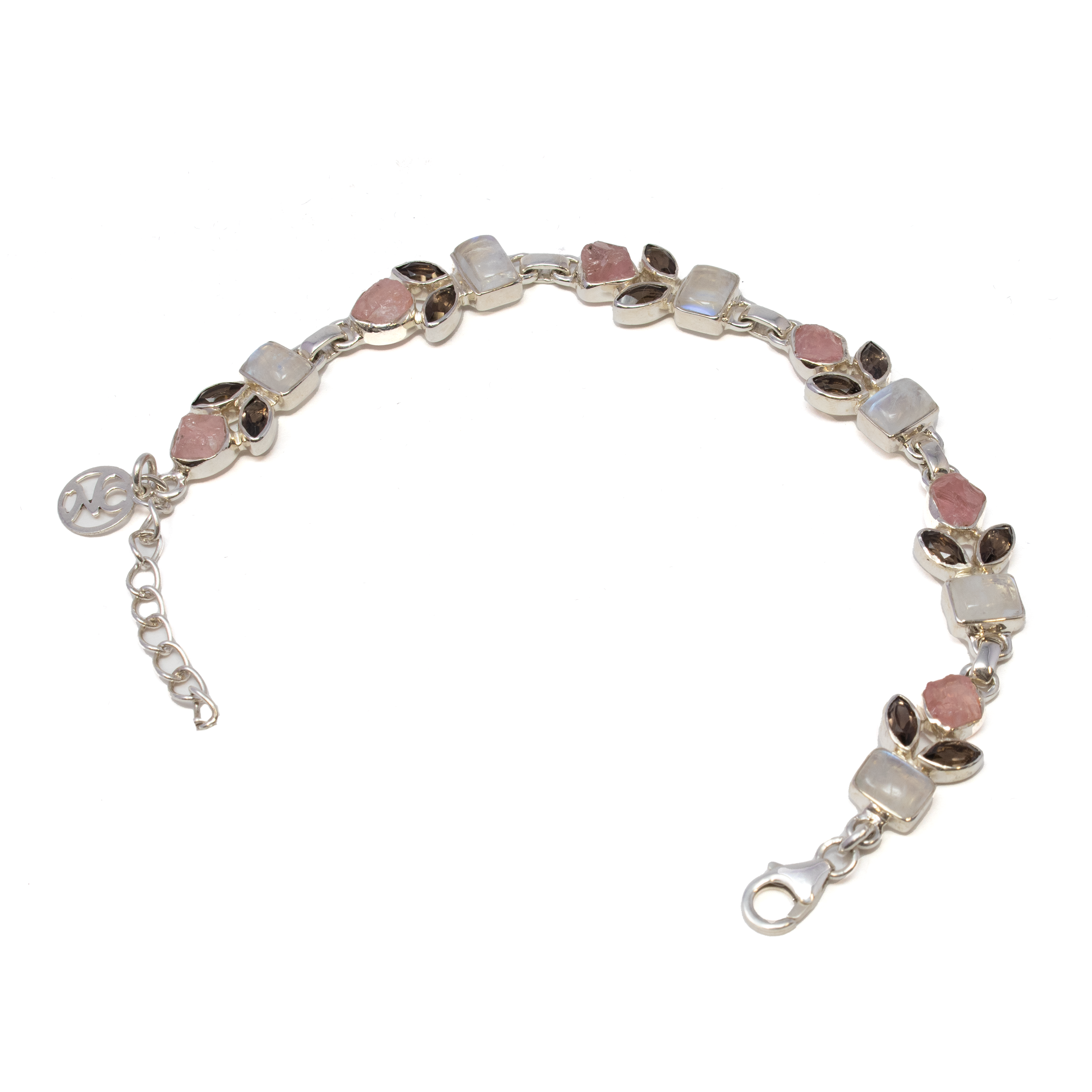 Rainbow Moonstone Link Bracelet - 6 Square Cabochons with 6 Rough Rose Quartz Freeform & 12 Faceted Smoky Quartz Sharp Ovals - 925 Sterling Silver Bezels