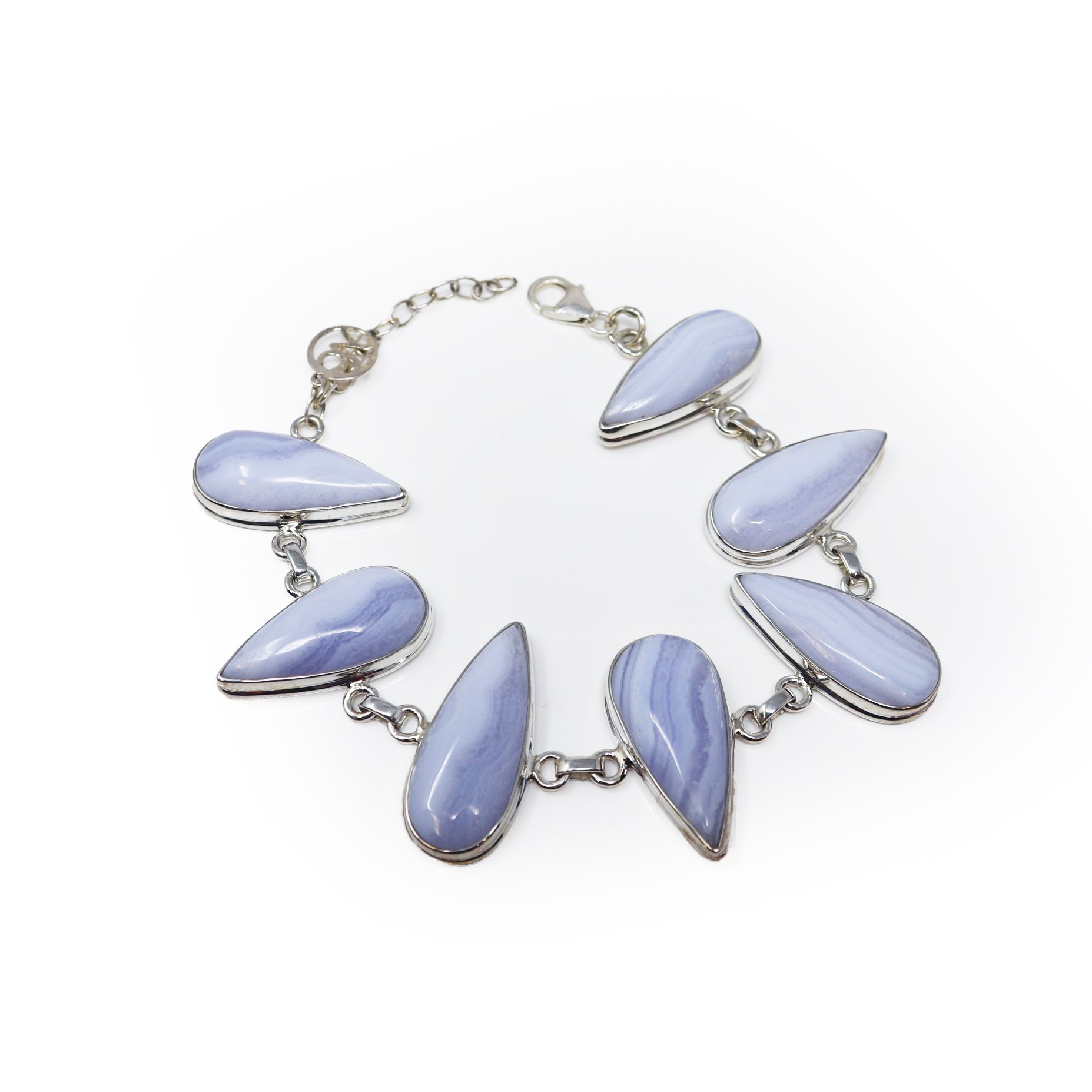 Blue Lace Link Bracelet - 7 Pear Cabochons with 925 Sterling Silver Bezel Edge