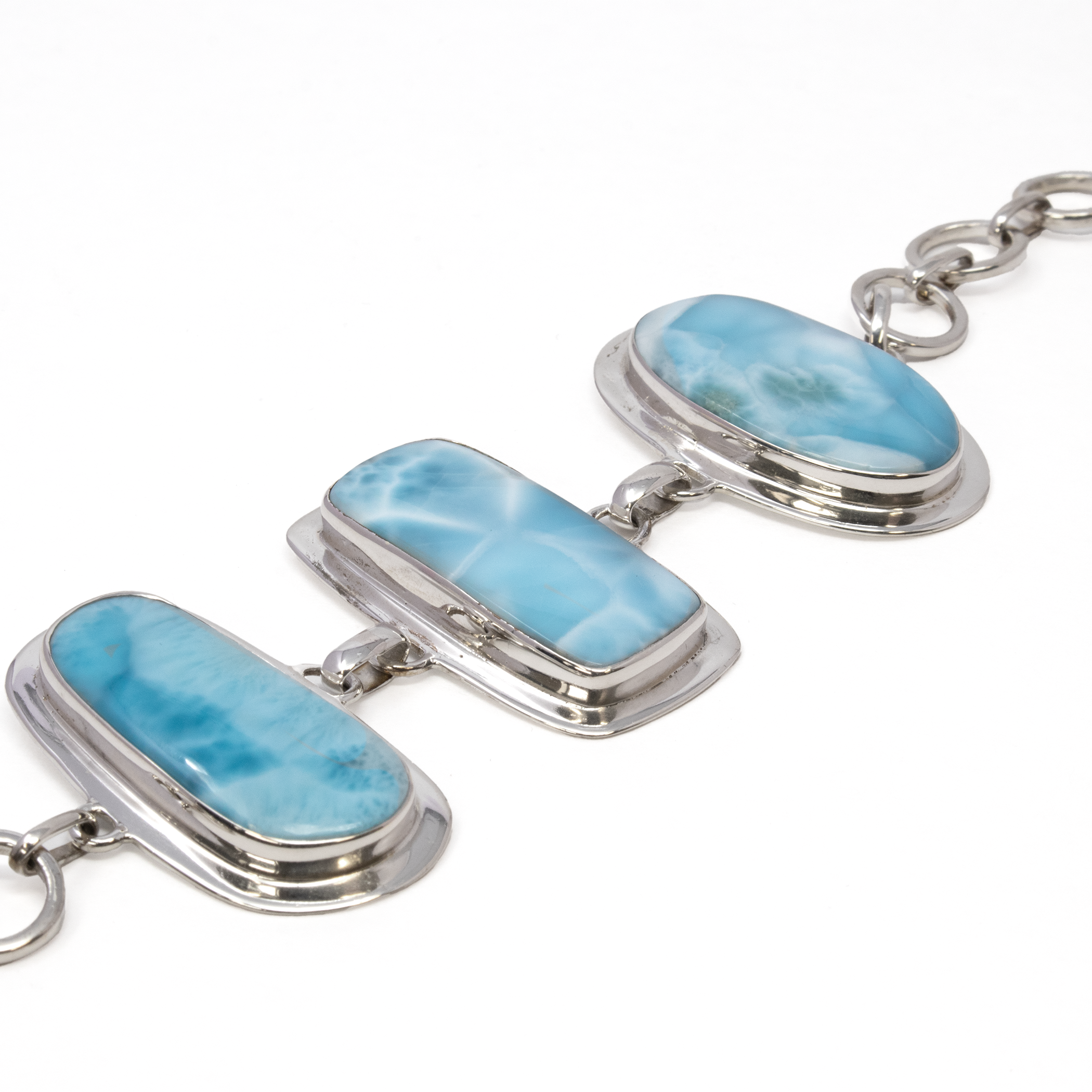 Larimar Link Bracelet - Oval Cabochon with Rectangle & Freeform Cabochons with 925 Sterling Silver Bezel Edge & Toggle Clasp 1"+