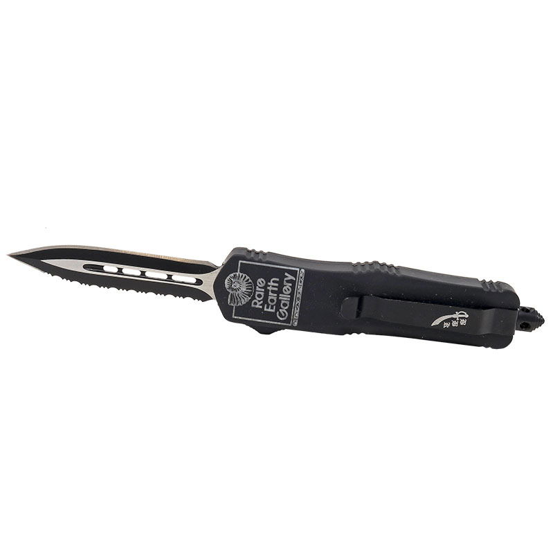 Shot of Rare Earth Gallery Engraved Tactical Knife with Sheath - Small with Full Side Serrated Dagger