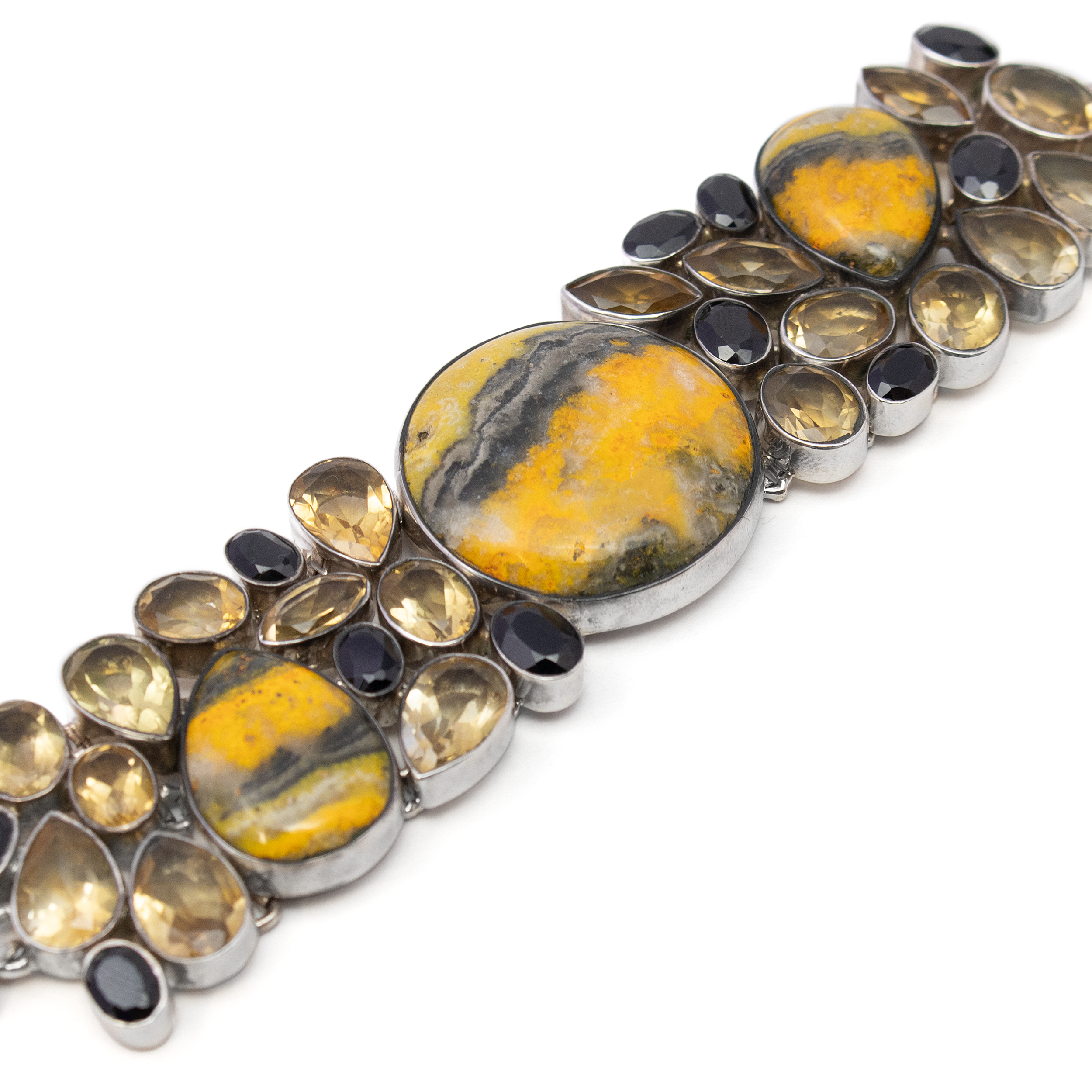 Bumblebee Jasper Link Bracelet - Round Cabochon Centerpiece with 2 Pear Cabochons in Matrix of Faceted Citrine & Black Spinel Geometrics - 925 Sterling Silver Bezels