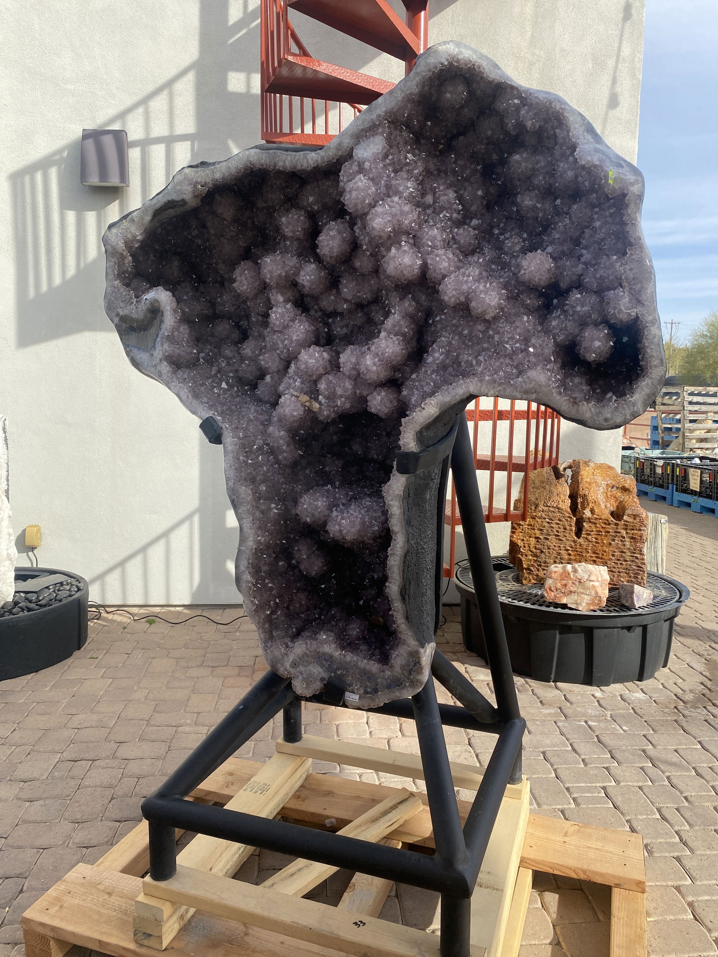 Amethyst Geode with Stalactite & Calcite Crystal Inclusions on Fitted Pipe Stand