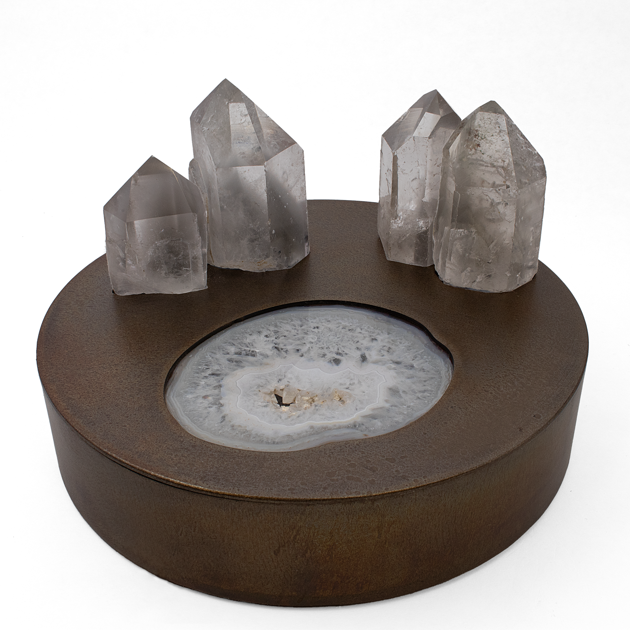 Crystal Power Luminary - Illuminated Agate Slice on Bronze Patina Steel Round Light Box with 4 Lodolite Quartz Points