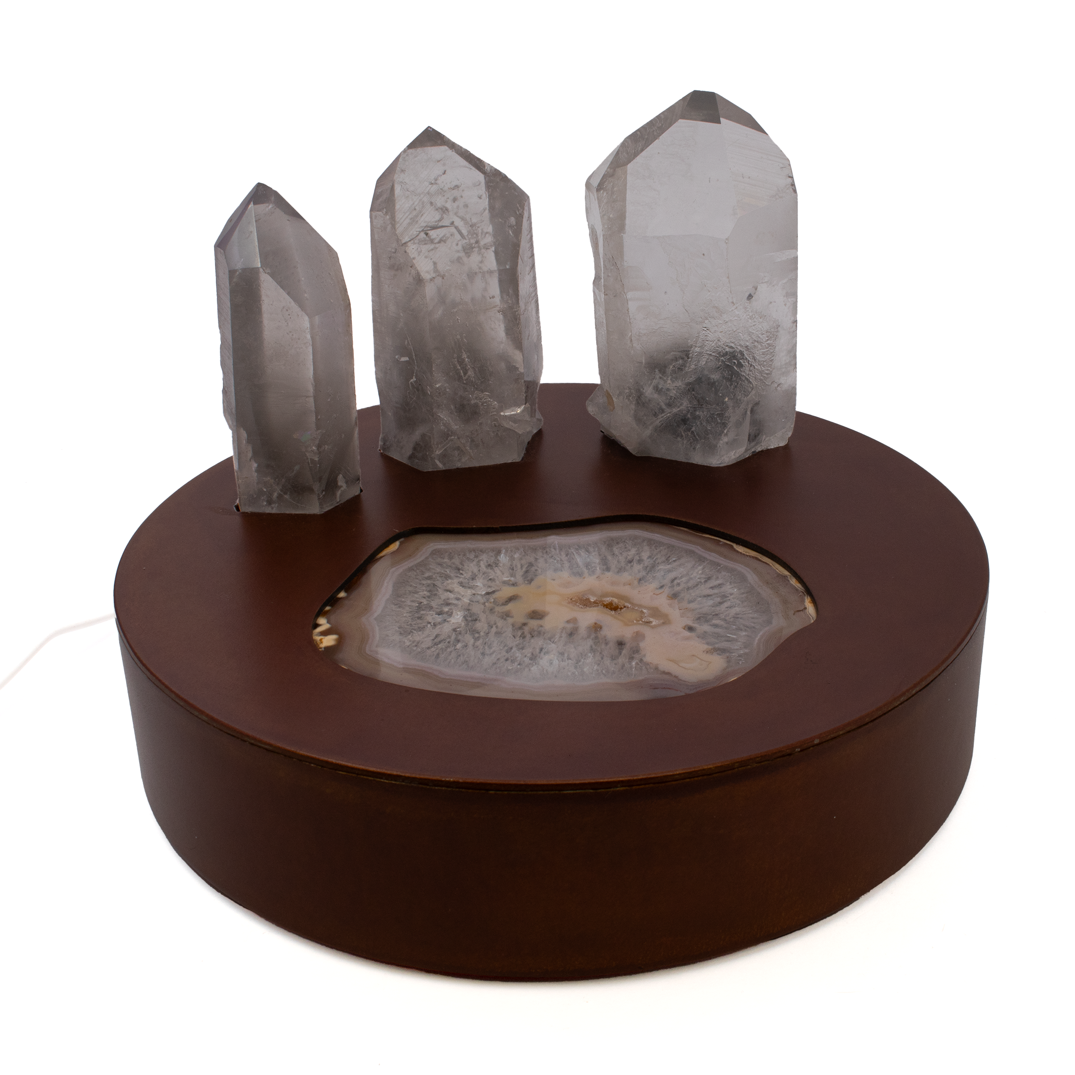 Crystal Power Luminary - Illuminated Agate Slice on Copper Patina Steel Round Light Box with 3 Lodolite Quartz Points