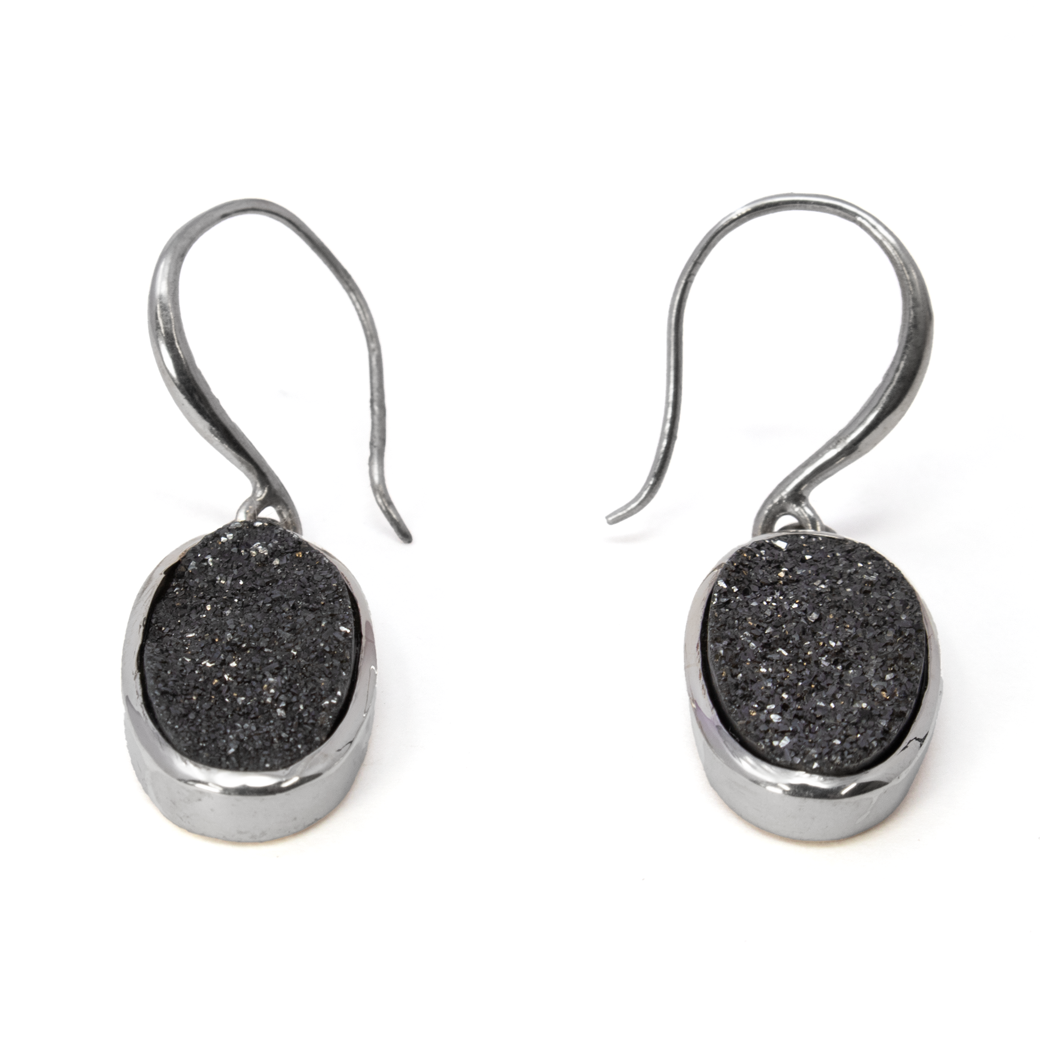 Black Titanium Druze Dangle Earrings - Elongated Oval with 925 Sterling Silver Bezel