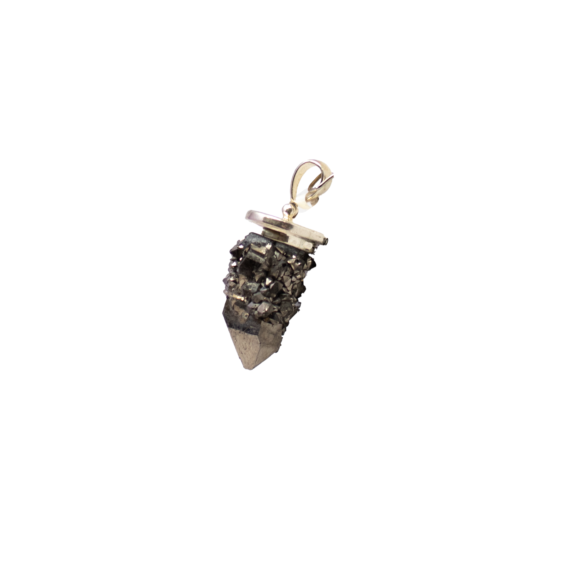 Elevate your energy and style with our stunning Spirit Quartz Pendant. This captivating piece features a natural Spirit Quartz point adorned with a dazzling Silver Titanium Druze finish that shimmers with every movement. The pendant is beautifully set in a 925 Sterling Silver lantern-top bezel, adding a touch of elegance and timeless craftsmanship. Perfect for gemstone lovers and crystal enthusiasts, this pendant radiates positive vibrations and sophisticated charm. Spirit Quartz Pendant - Silver Titanium Druze Crystal Point with 925 Sterling Silver Lantern Top Bezel Edge