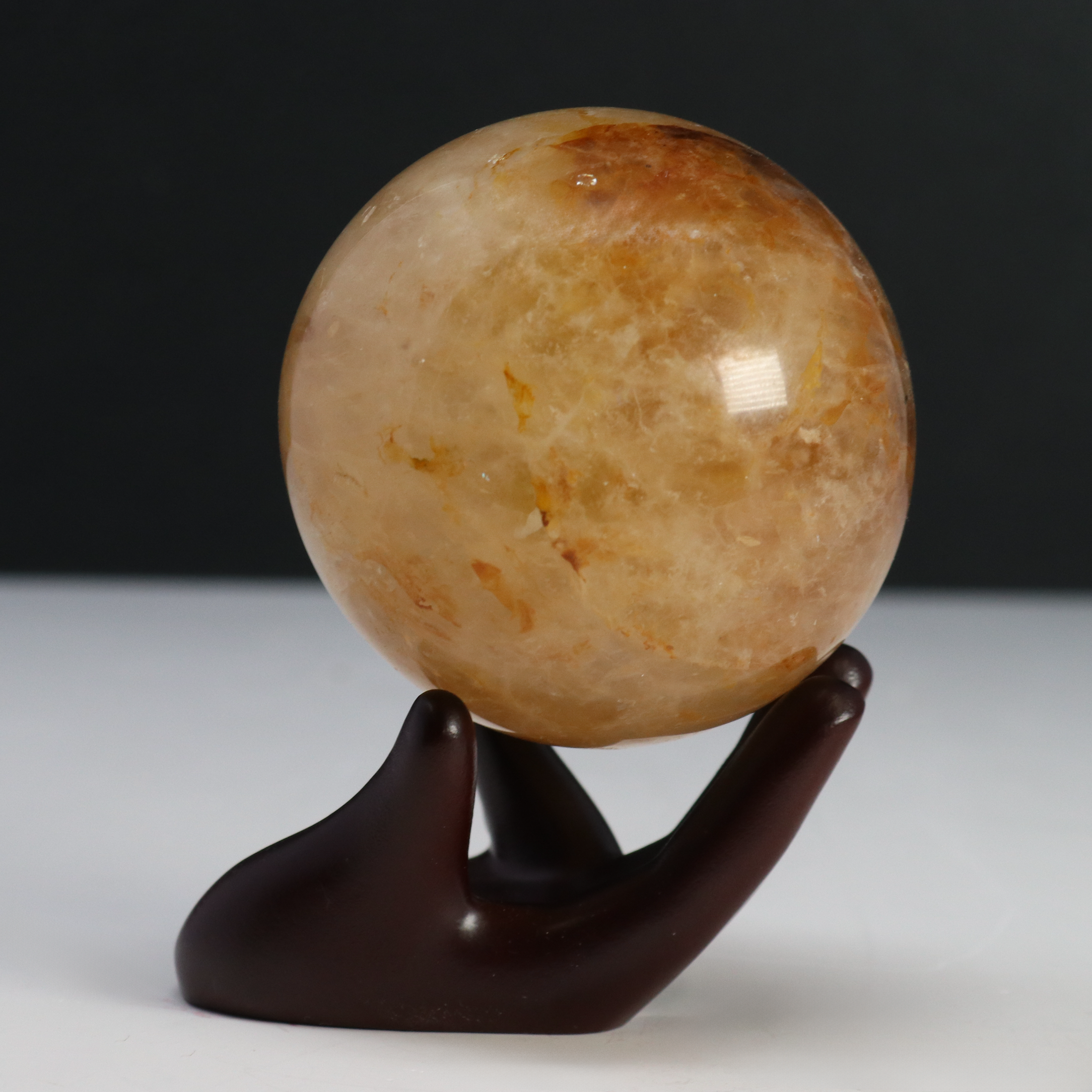 Golden Healer Sphere - Yellow & Clear aka Hematoid Quartz on Lucite Stand