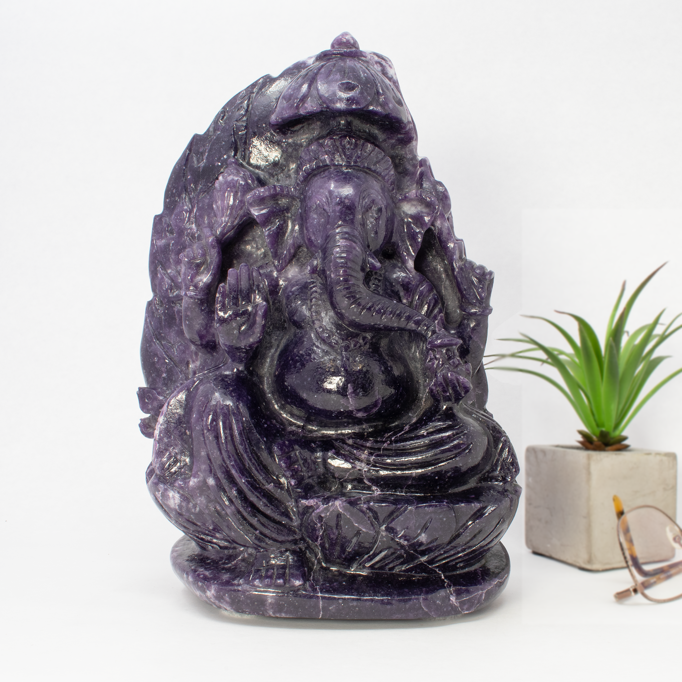 A++ Quality Lepidolite Ganesha Carving Sitting on Lotus