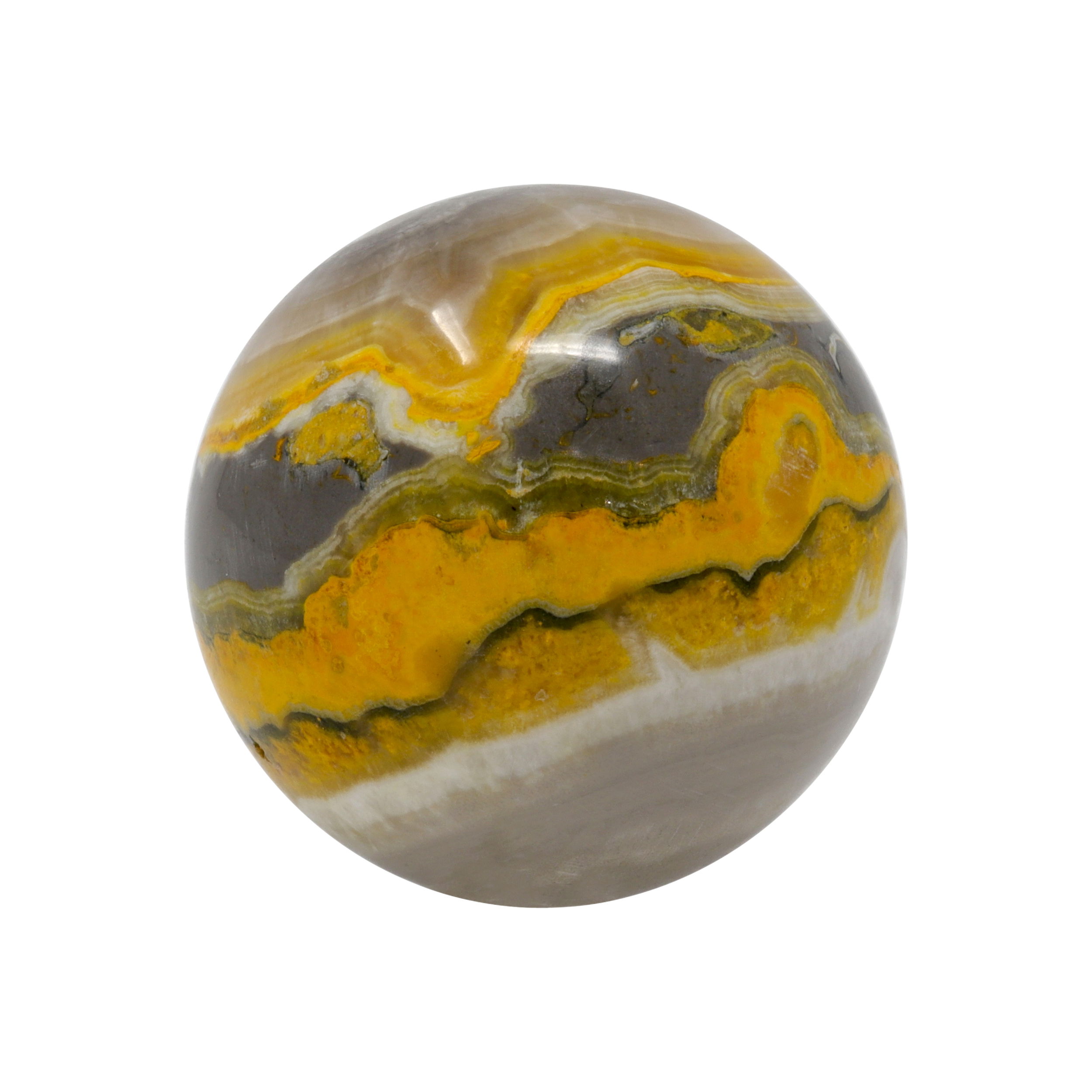 This one-of-a-kind Bumblebee Jasper Sphere is a unique mineral specimen from Rare Earth Gallery. In shades of yellow, orange, and black, this sphere has a beautiful color pattern that mimics the iconic bumblebee. The matte finish, swirls, and banding of this sphere make it a perfect addition to any home or office space. It's the perfect gift for any mineral enthusiast and makes a great conversation piece for the home dècor. With a size of approximately 2.5 inches, this Bumblebee Jasper Sphere is sure to be an eye-catching piece wherever it is displayed. Bumblebee Jasper Sphere