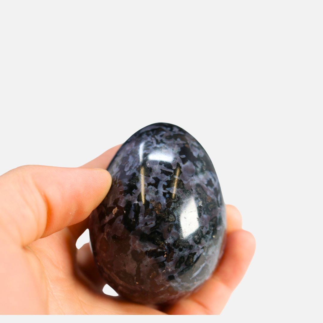 Indigo Gabbro Egg aka Merlinite on Lucite Stand