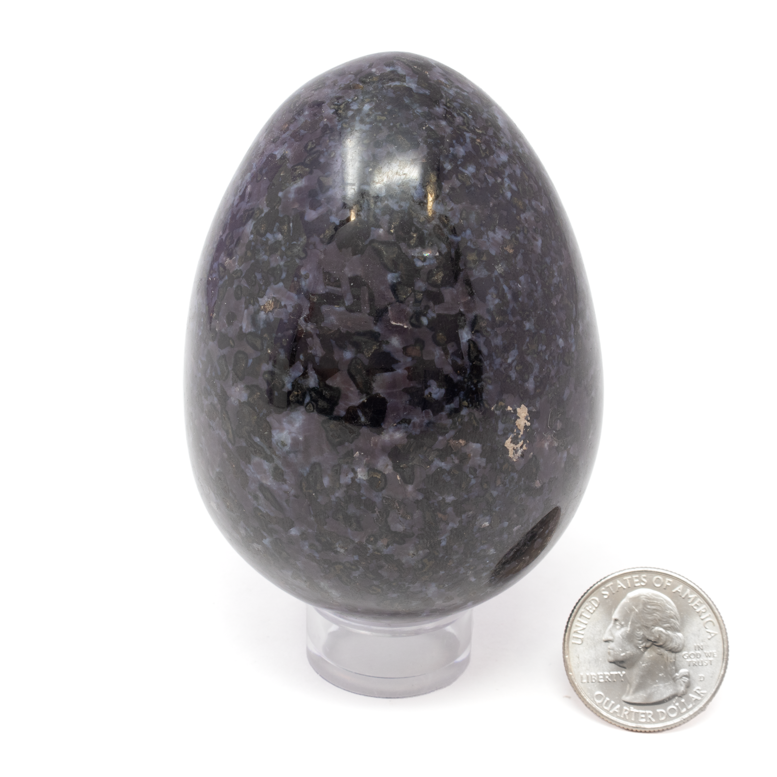 Elevate your mineral collection with the stunning Indigo Gabbro Egg, also known as Merlinite, exquisitely presented on a sleek Lucite stand. This unique geological masterpiece is a captivating addition for enthusiasts and collectors alike. The Indigo Gabbro Egg showcases a mesmerizing blend of deep indigo, silver, and black hues. Its swirling patterns and mystical shimmer invoke a sense of wonder, making it a captivating focus piece for any room or display.Often referred to as Merlinite, this stone is associated with magic and intuition. It is believed to enhance spiritual growth, strengthen intuition, and provide grounding energies. Perfect for those on a journey of self-discovery and exploration. Indigo Gabbro Egg aka Merlinite on Lucite Stand