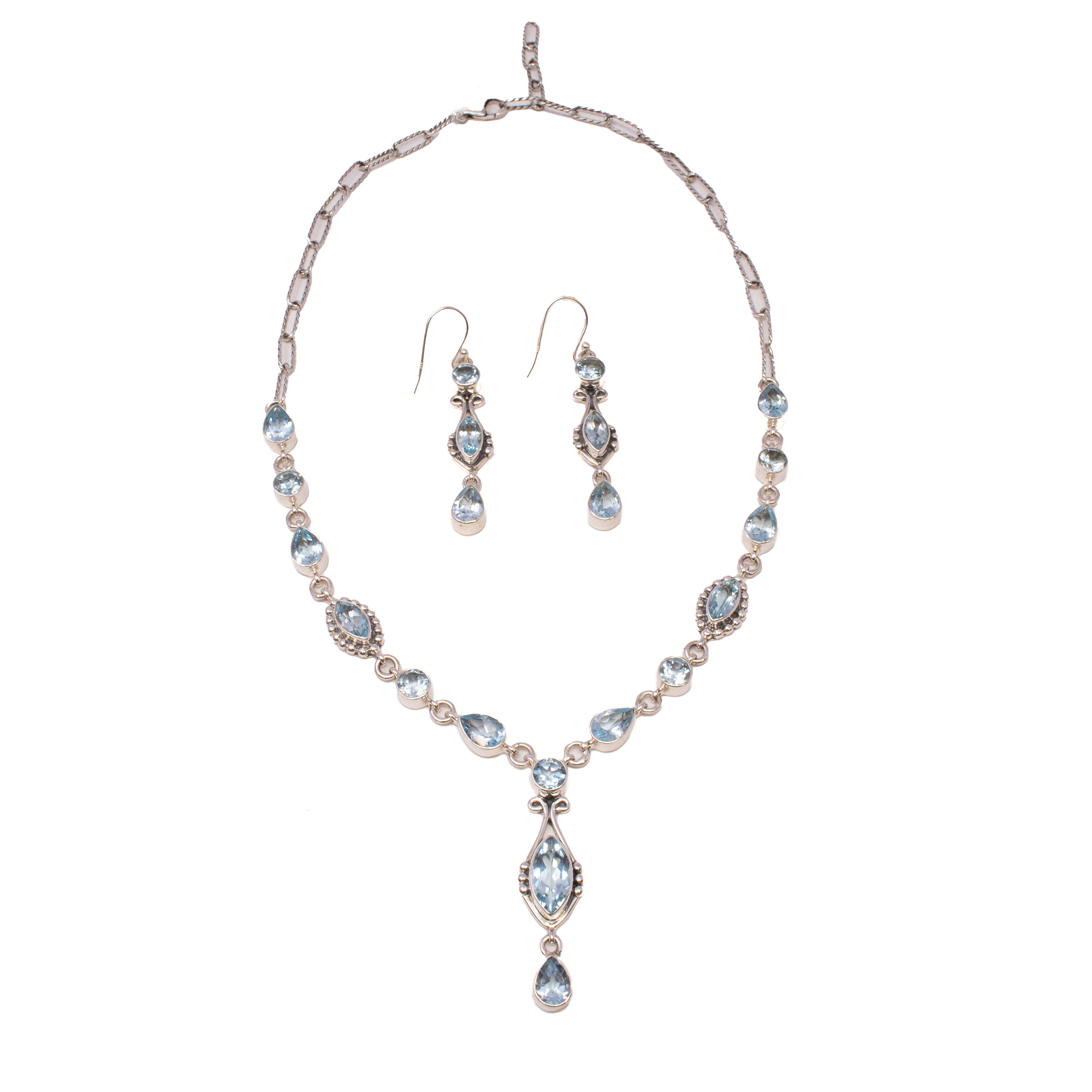 Blue Topaz Set (Necklace & Dangle Earrings) - Faceted Pears & Round with Faceted Sharp Oval with Beaded Bezel & Dangle Centerpiece - 925 Sterling Silver