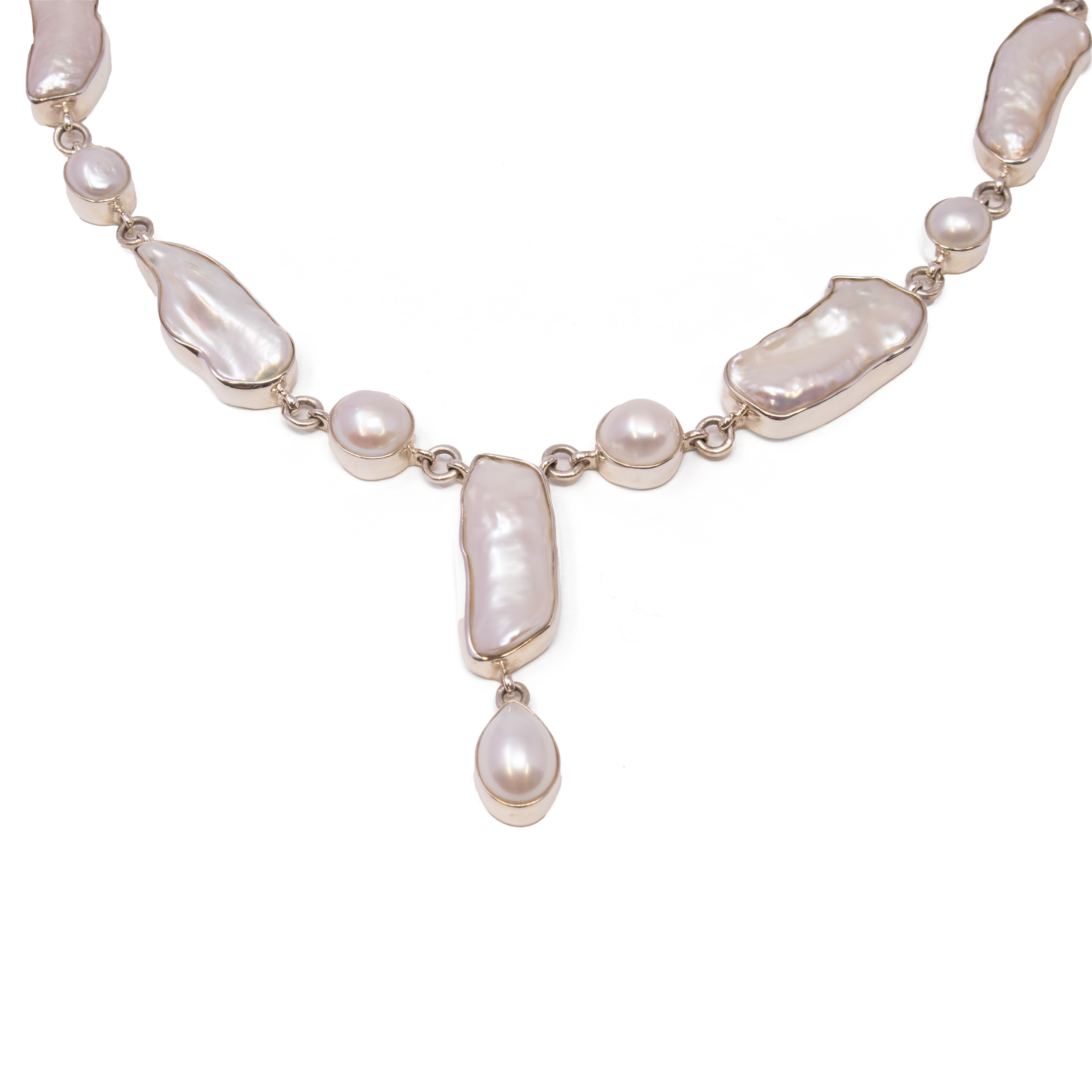 Freshwater Pearl Necklace - 5 Baroque Pearls & 7 Freeforms with 925 Sterling Silver Bezels