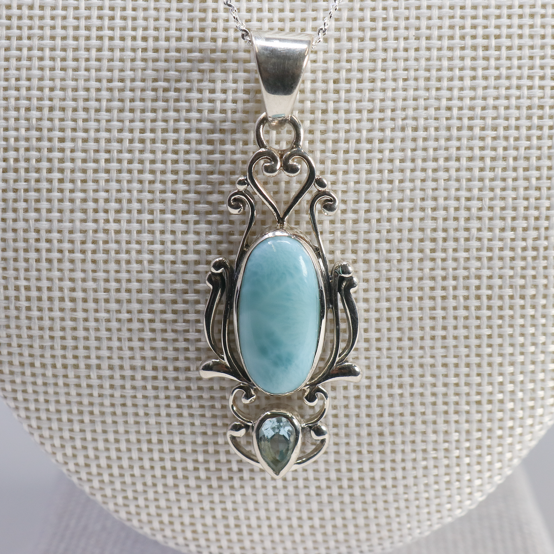 Larimar Pendant - Elongated Oval Cabochon with Faceted Blue Topaz Reverse Pear & 925 Sterling Silver Bezels & Filigree with Beading & Heart Accent