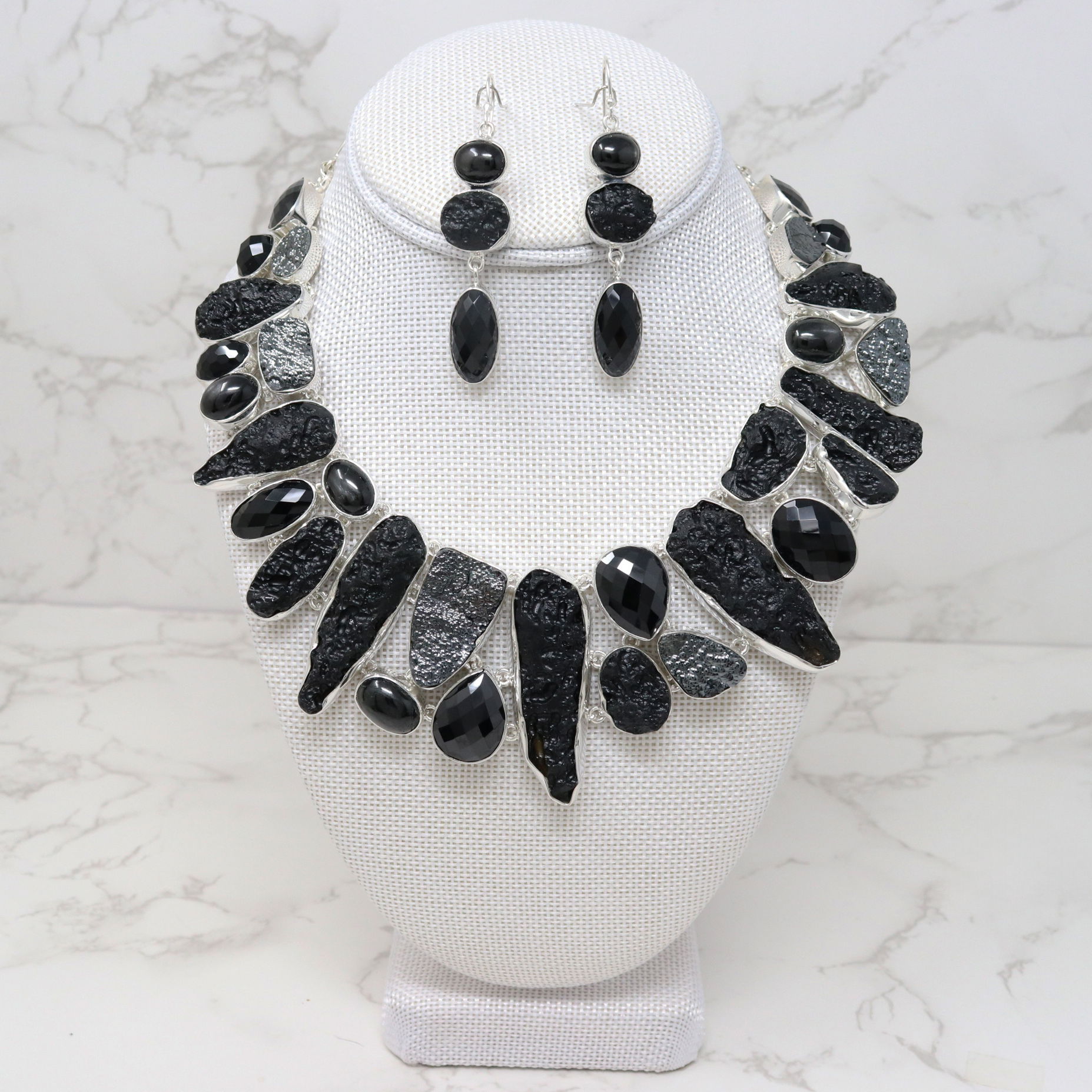 Black Tibetan Tektite Necklace Set with Dangle Earrings - Natural Elongated Freeforms Faceted Black Spinel & Onyx Cabochons with Organic Bubbly Hematite