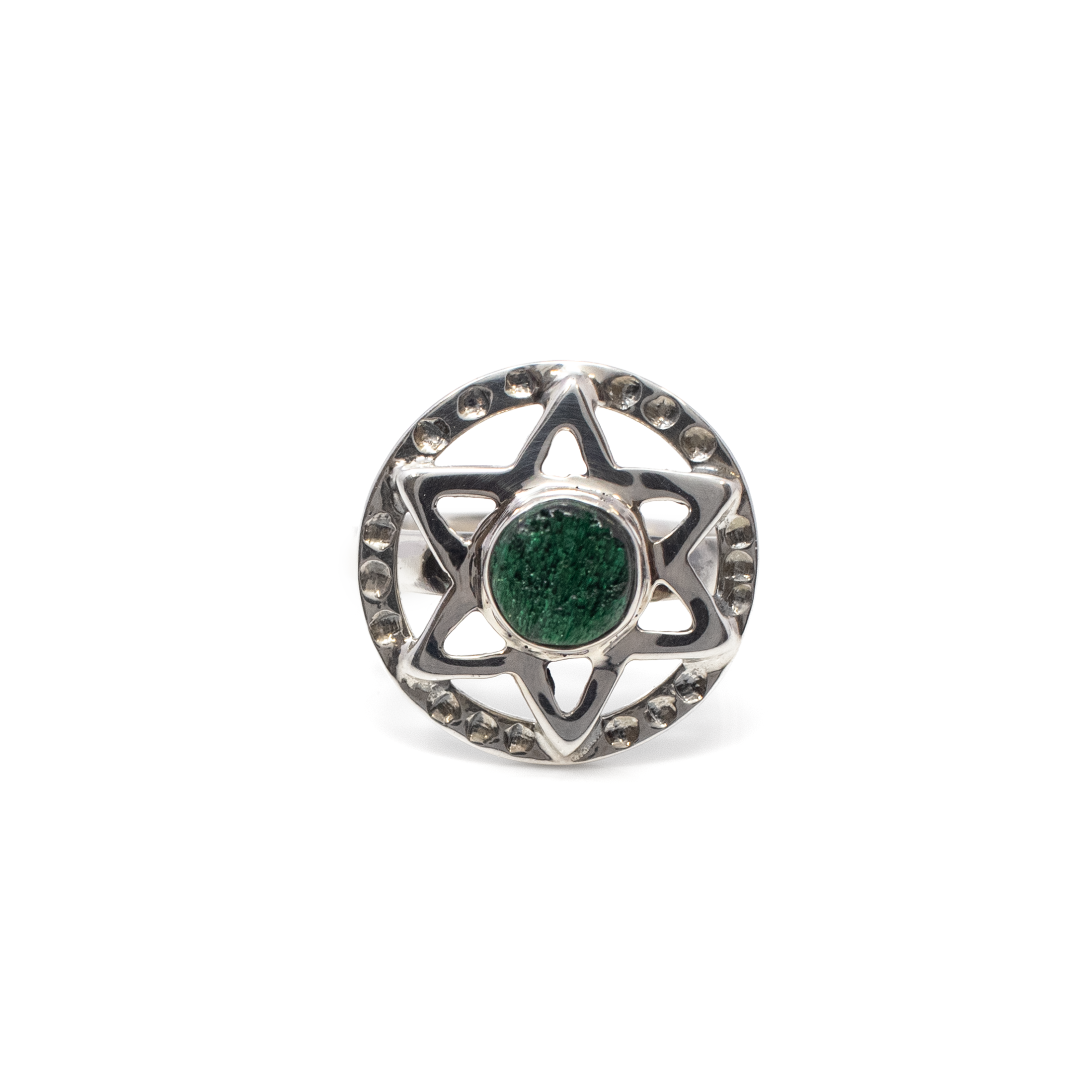 Introducing our exquisite Malachite Ring, a stunning piece of jewelry that effortlessly combines elegance with natural beauty. At the heart of this ring lies a captivating chatoyant malachite gemstone, carefully cut into a round shape to showcase its mesmerizing green bands and inherent shimmer. The malachite is securely set in a 925 sterling silver bezel, ensuring durability and adding a touch of sophistication.What truly sets this ring apart is its unique design. The malachite is encased within an open circular setting, where a beautifully crafted 6-sided star intricately intertwines, symbolizing balance and harmony. Delicate stamping along the silver band further enhances the ring's overall charm, adding texture and a touch of artisan craftsmanship.This ring is perfect for everyday wear or special occasions, offering a comfortable fit while making a bold style statement. The combination of rich green malachite with the classic allure of sterling silver creates a timeless piece that will complement any outfit. Malachite Ring - Chatoyant Round Set on 925 Sterling Silver Bezel with 6-Sided Star in Open Circle with Stamping sz7