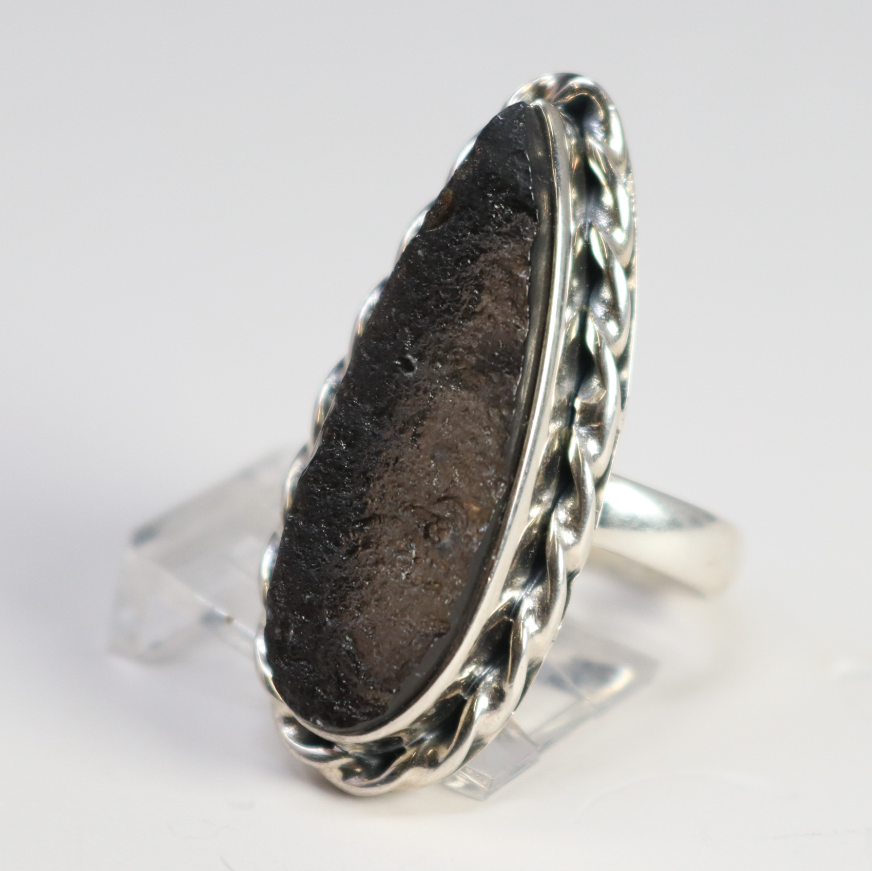 Agni Manitite aka Pearl Of Fire Tektite Ring - Organic Elongated Pear with 925 Sterling Silver Twist Bezel Edge sz7