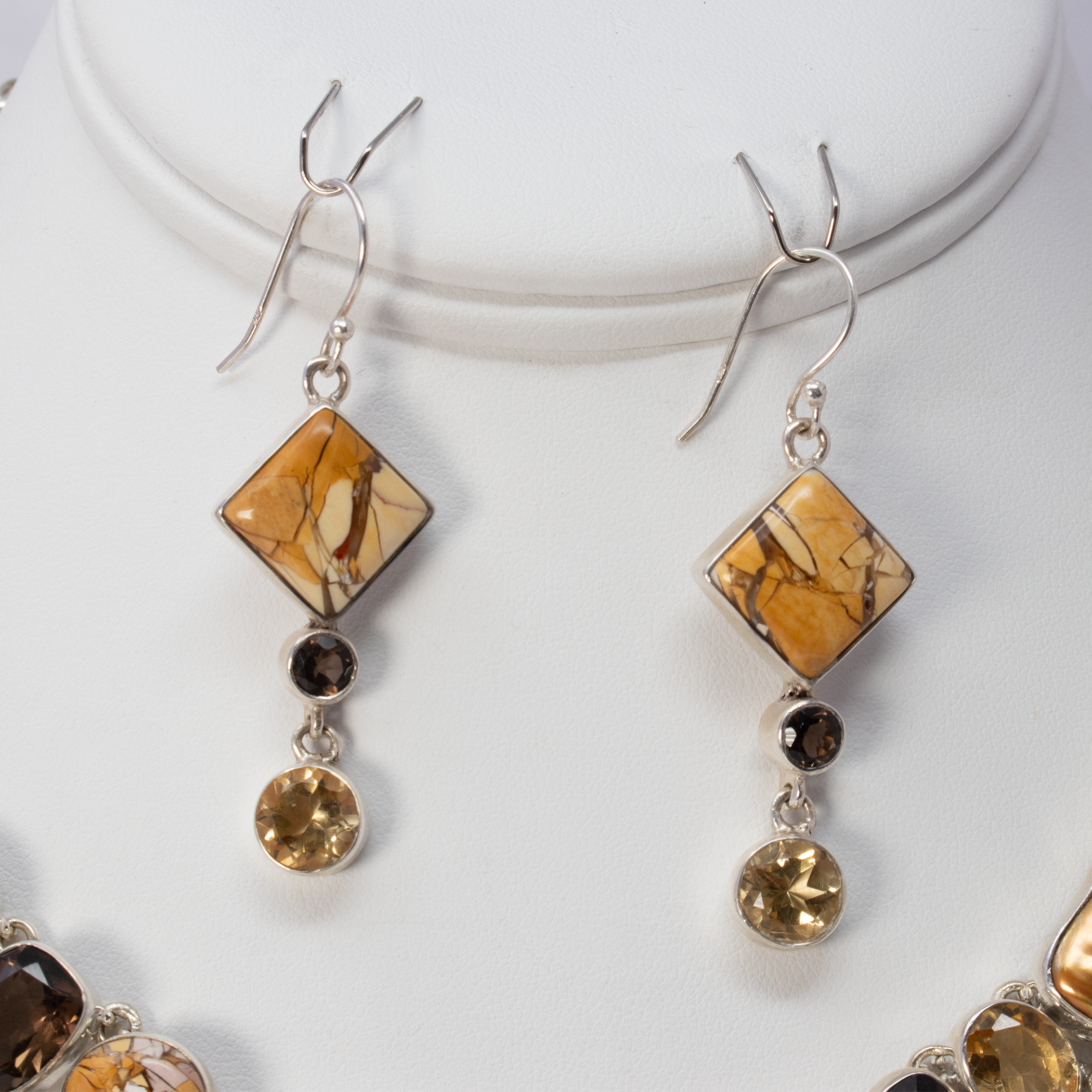 Brecciated Mookaite Jasper Set (Necklace & Dangle Earrings) with Ammonite, Citrine, Smoky Quartz & Freshwater Pearls