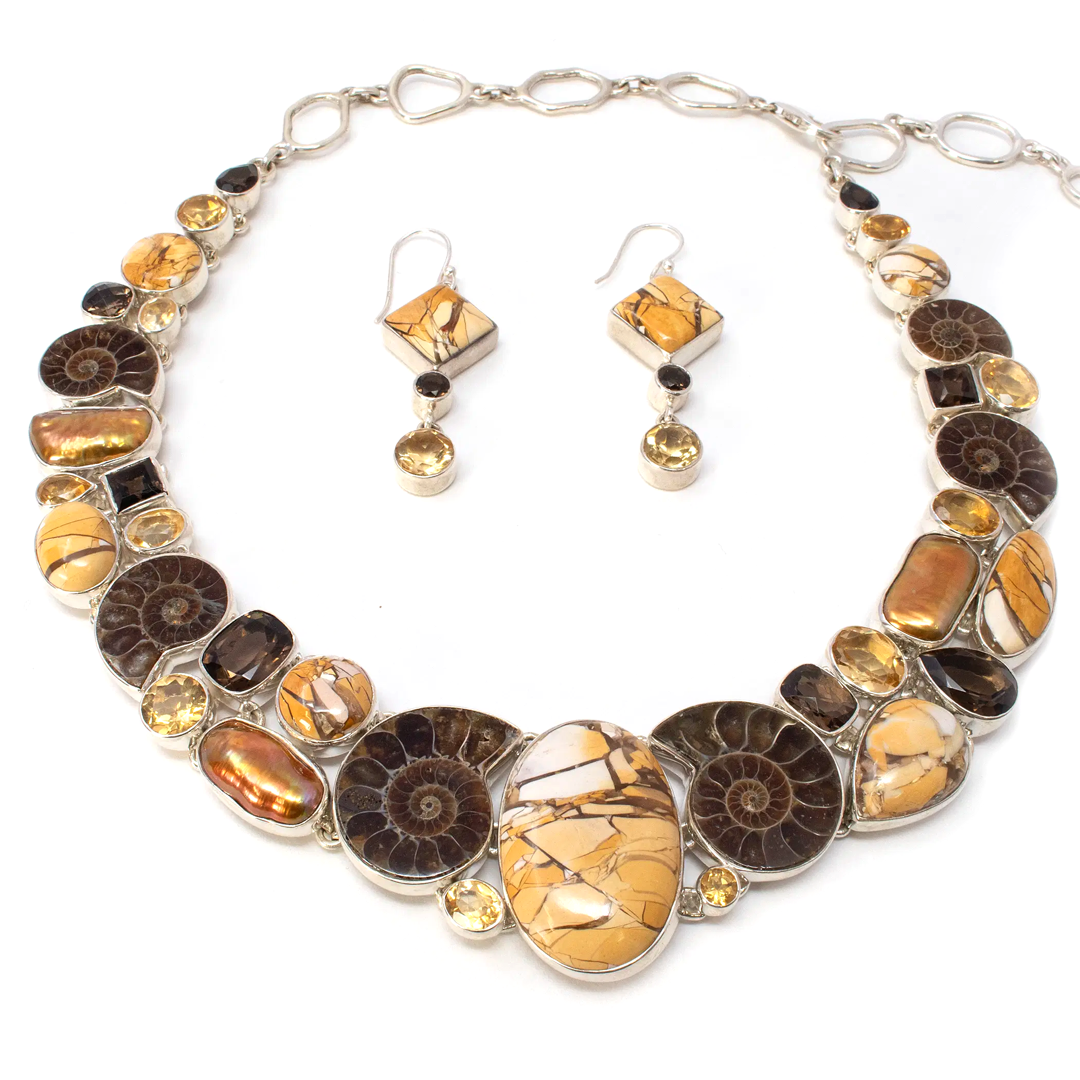 Brecciated Mookaite Jasper Set (Necklace & Dangle Earrings) with Ammonite, Citrine, Smoky Quartz & Freshwater Pearls