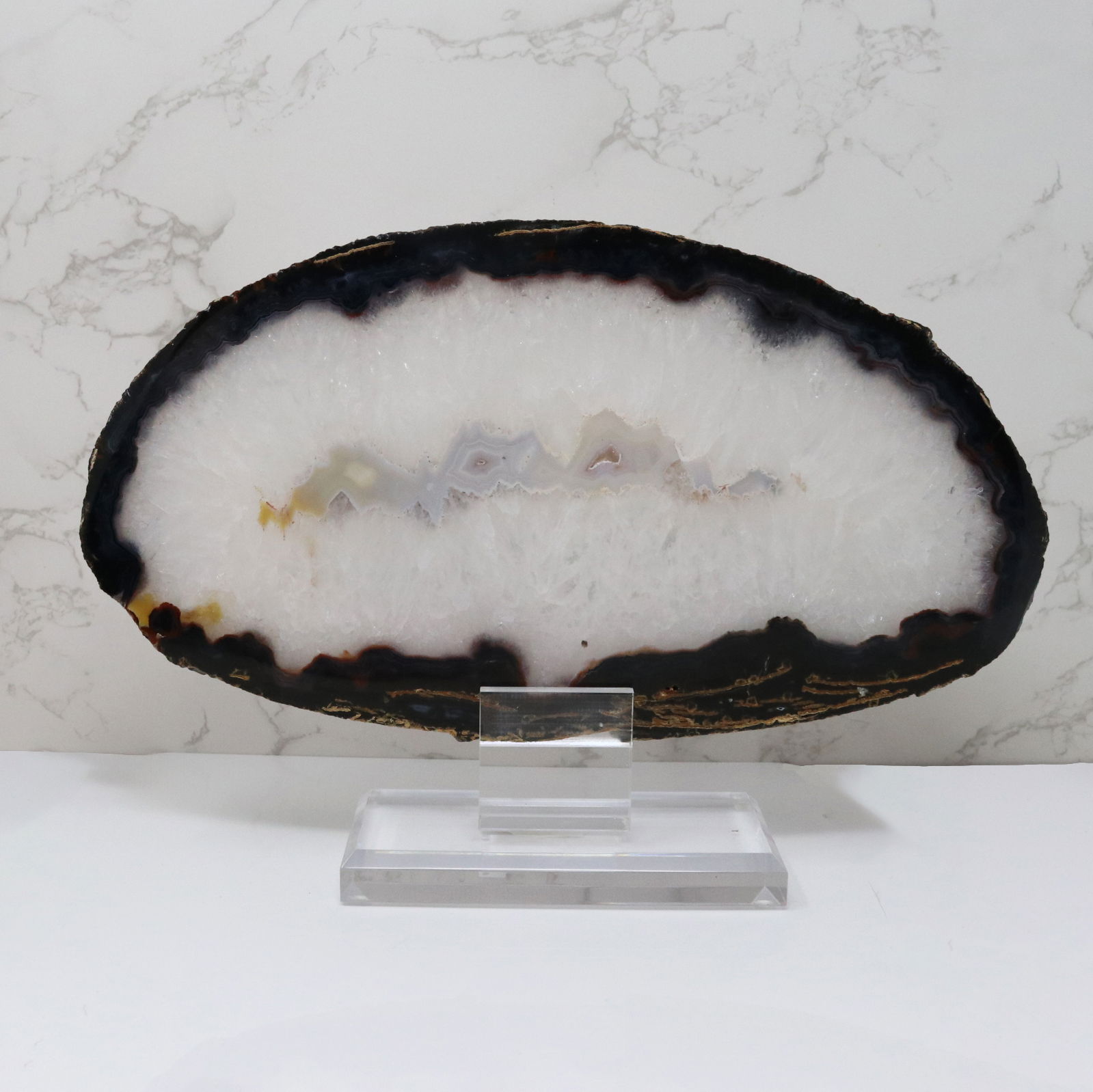 Agate Druze Slice on Screw Stand - Thick Black & Blue Exterior Layer with Quartz and Ash Gray Agate Center - Double-Sided Polish