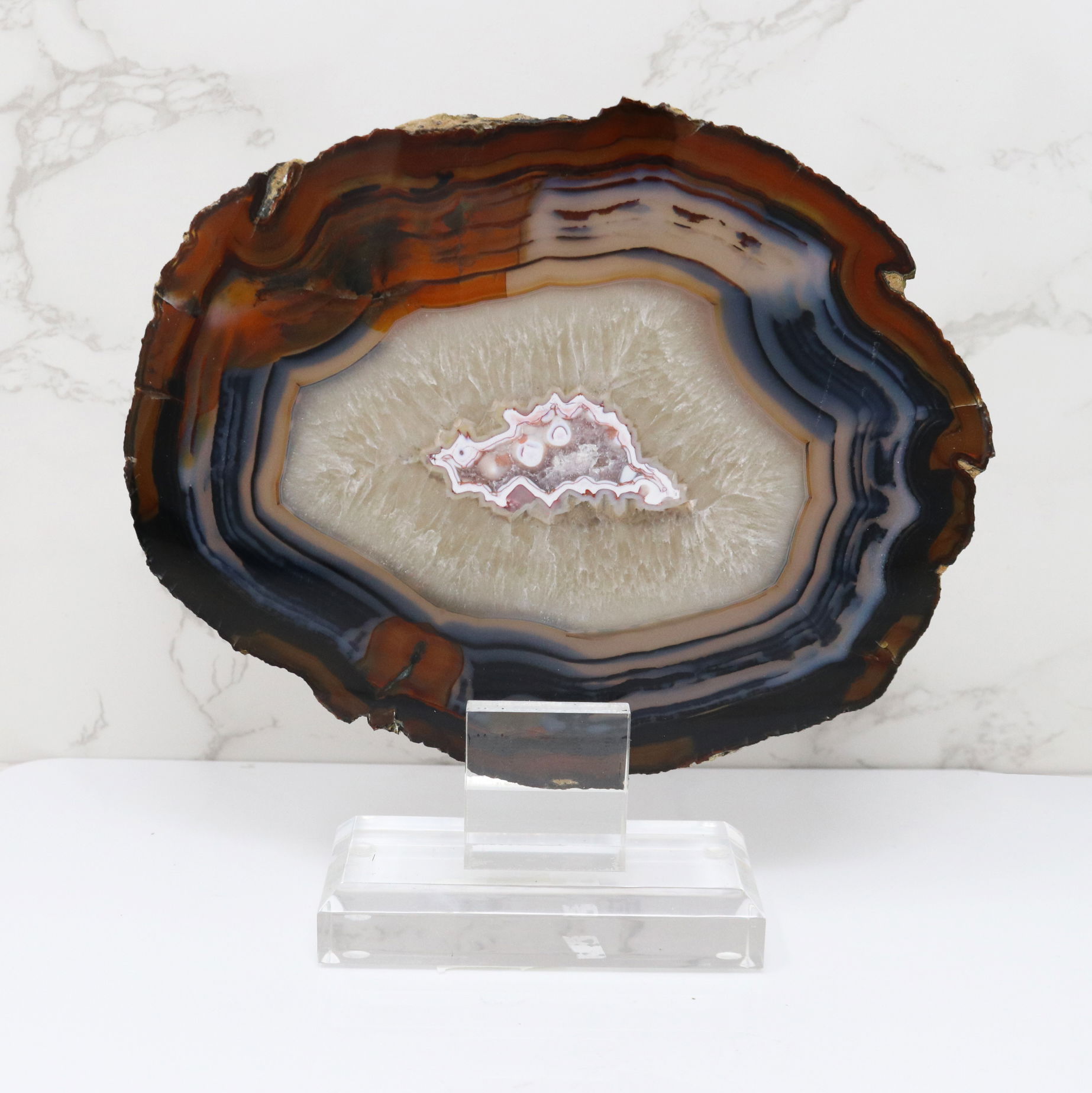 Agate Slice on Screw Stand - Carnelian and Black Bands with White & Pink Tubular Center - Double-Sided Polish