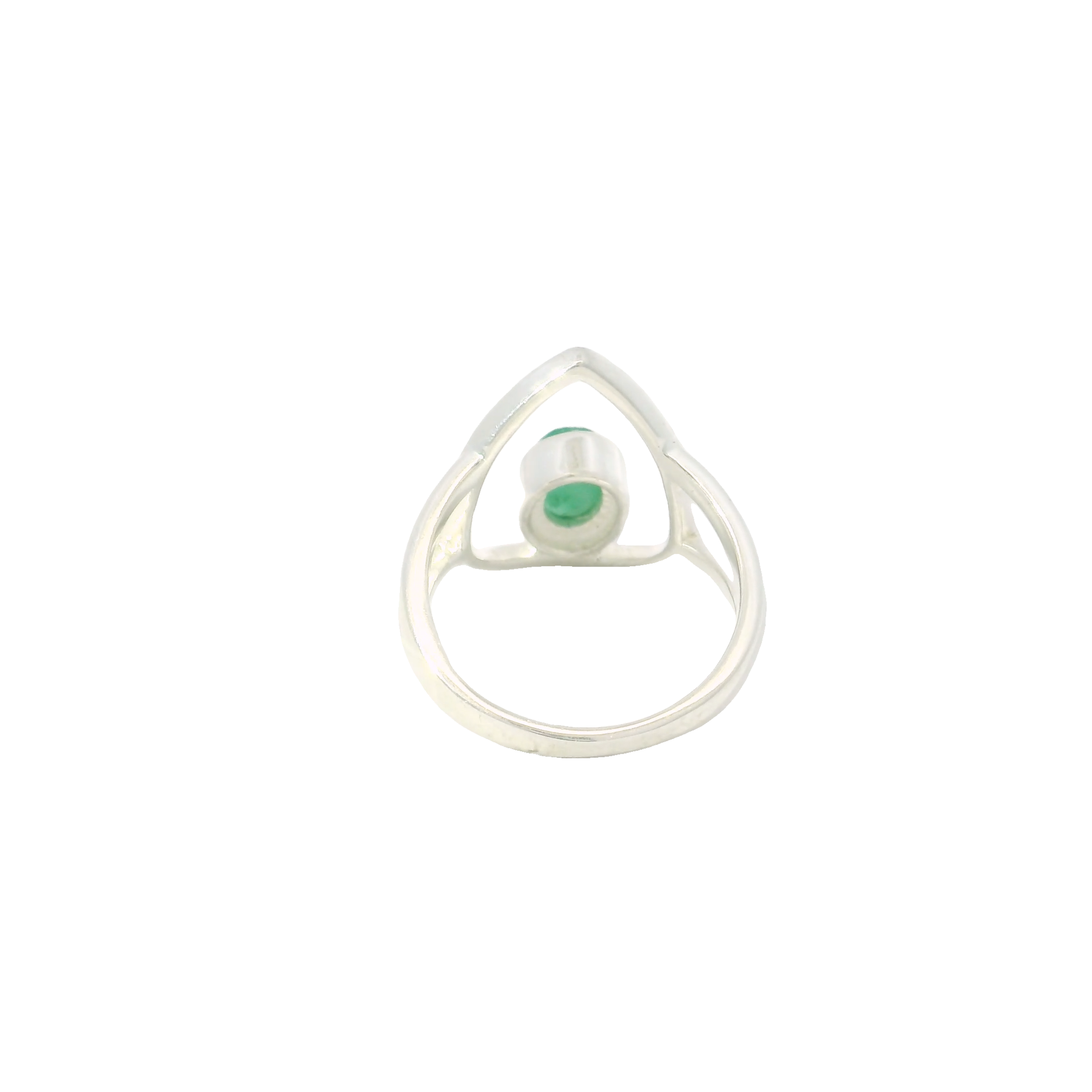Introducing our exquisite Emerald Ring, a perfect blend of elegance and sophistication. This stunning piece features a faceted oval emerald that captivates the eye with its vibrant green hue. The gemstone is expertly set in a 925 sterling silver bezel, known for its durability and timeless appeal, ensuring that the gemstone remains the star of the show.The ring's design is further enhanced by an open silver pear setting, adding a touch of modernity while allowing more light to pass through the gemstone, enhancing its natural brilliance. The intricate craftsmanship of the sterling silver band complements the gemstone perfectly, creating a harmonious look that is both classic and contemporary. Emerald Ring - Faceted Oval Set on 925 Sterling Silver Bezel on Open Silver Pear sz9