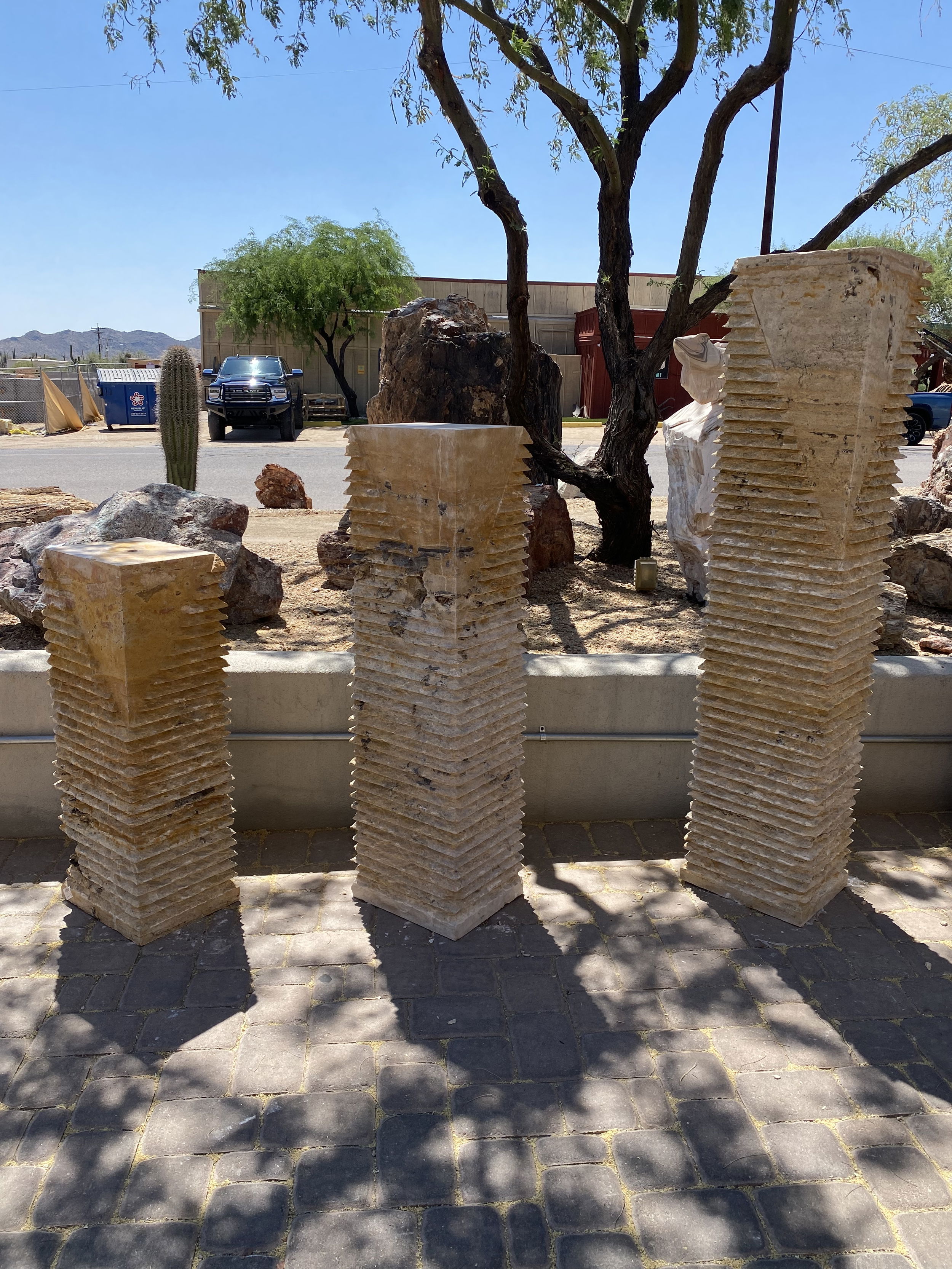 Red Travertine Fountain Set Of 3 - Trio Of Chiseled Pillars