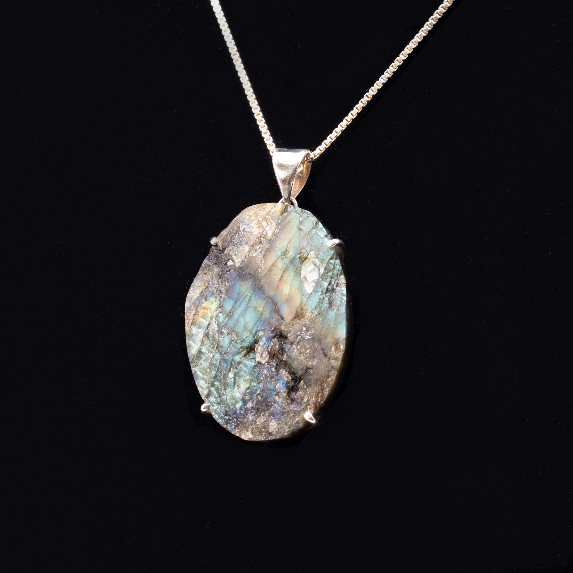 Labradorite Pendant - Rough Oval Prong Set with 925 Sterling Silver - Deep Cerulean & Vivid Aqua Blue Flash