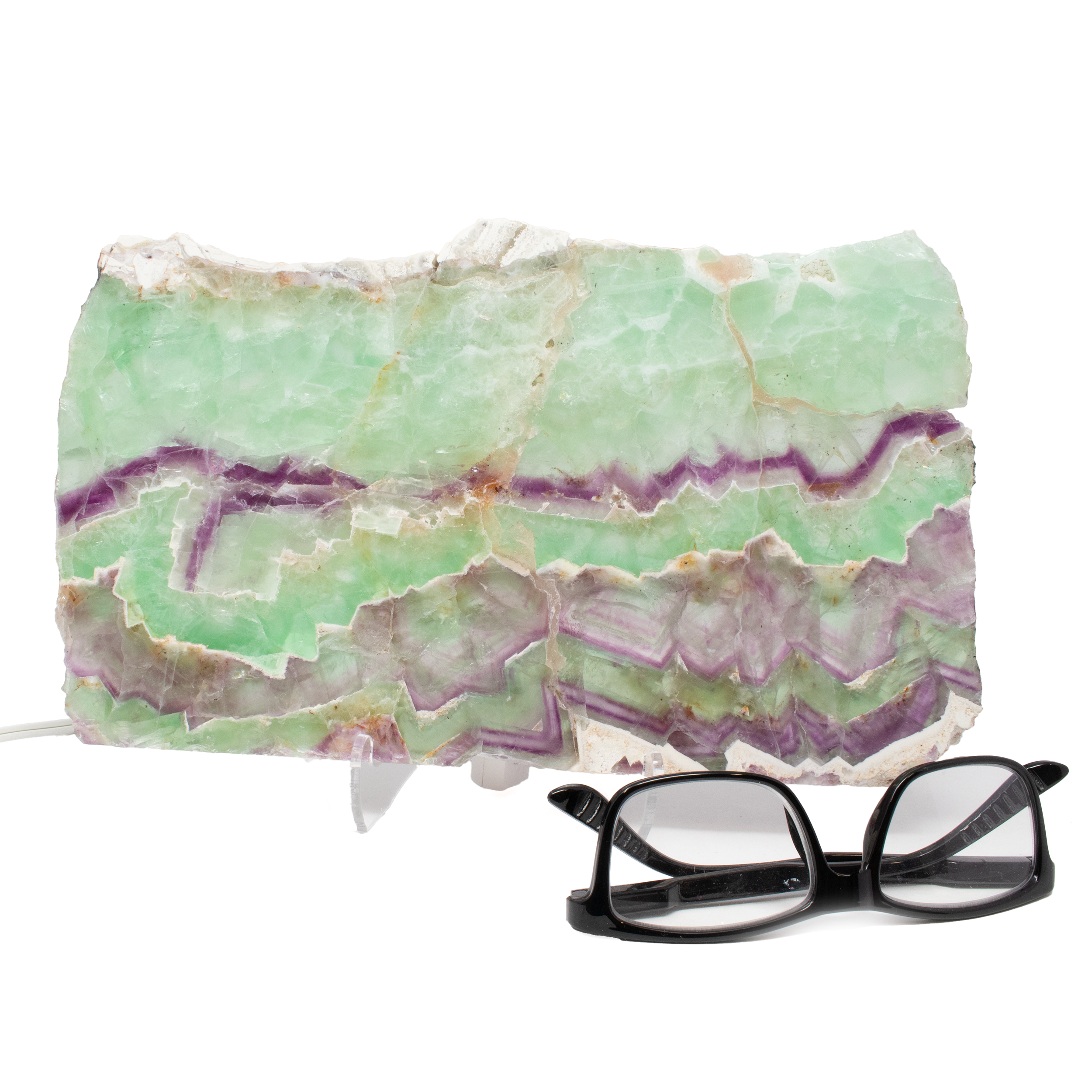 Fluorite Slice with Chevron Layers of Purple Green & White with Lucite Lighted Stand