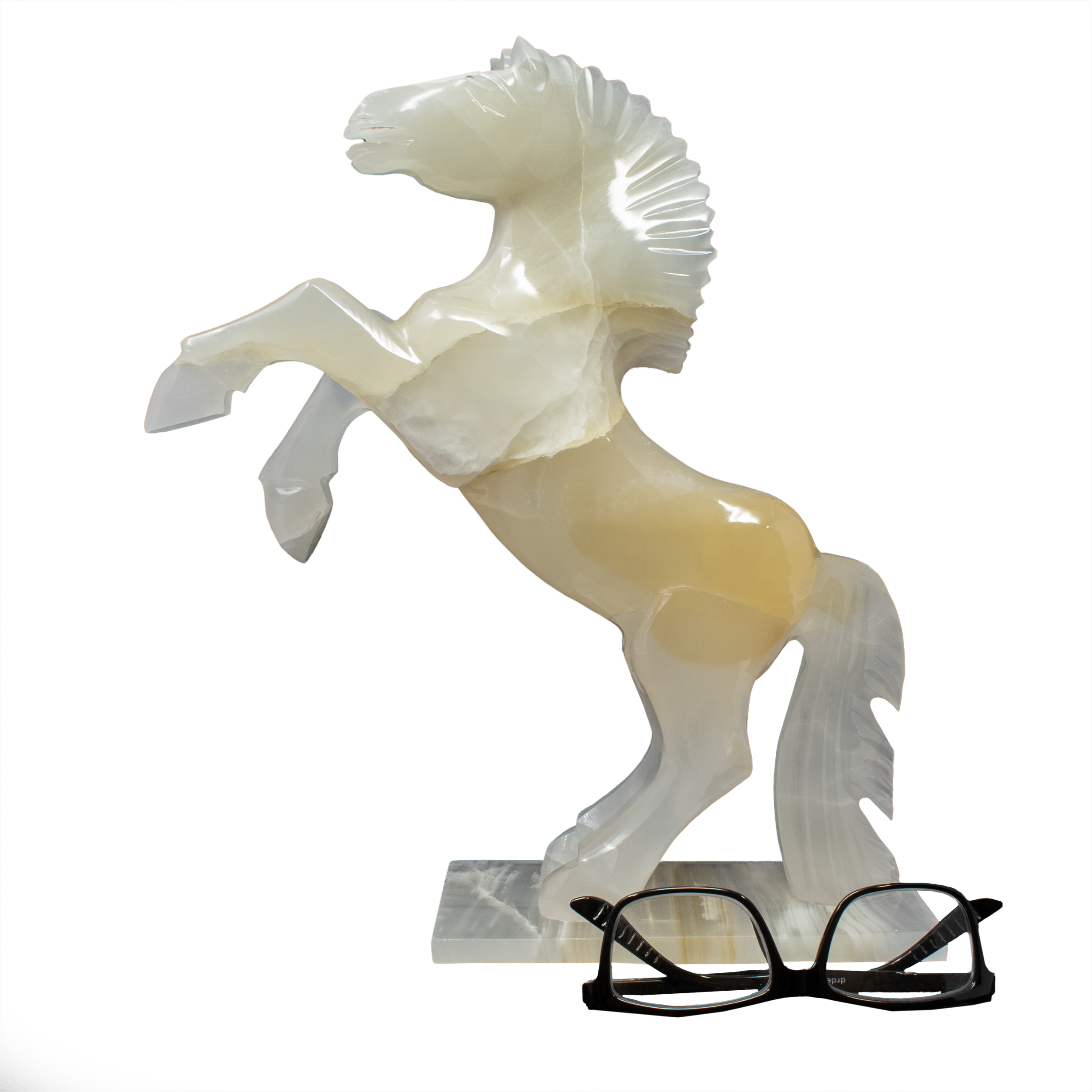 Ice Amber Onyx Horse Carving - Rearing