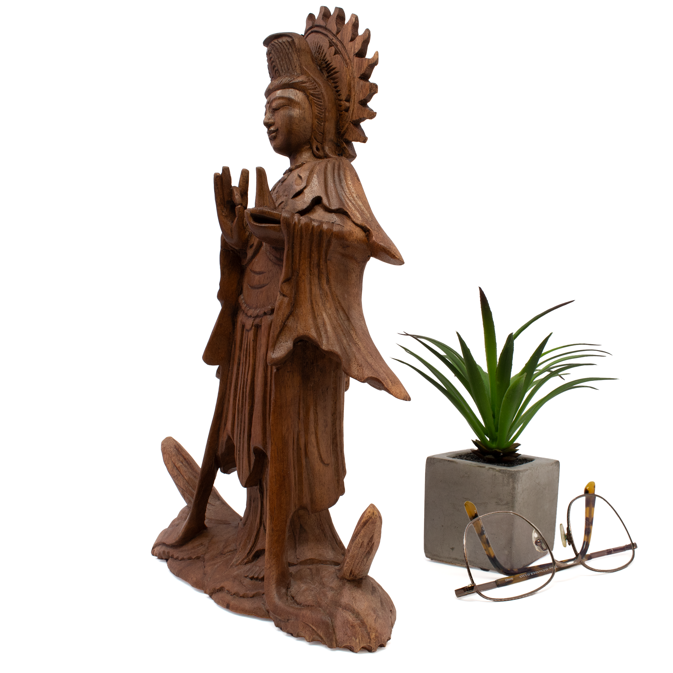 Wooden Kwan Yin Sculpture - Standing Pose with Shuni Mudra Hand Pose - Monkey Pod Wood