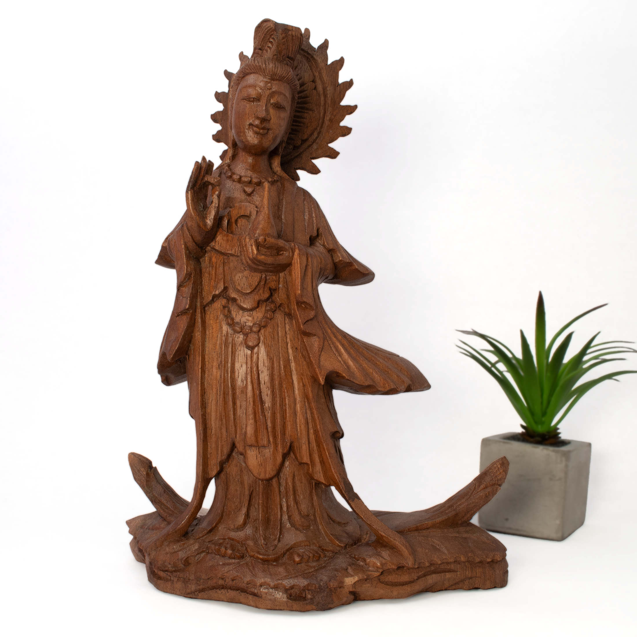 Wooden Kwan Yin Sculpture - Standing Pose with Shuni Mudra Hand Pose - Monkey Pod Wood