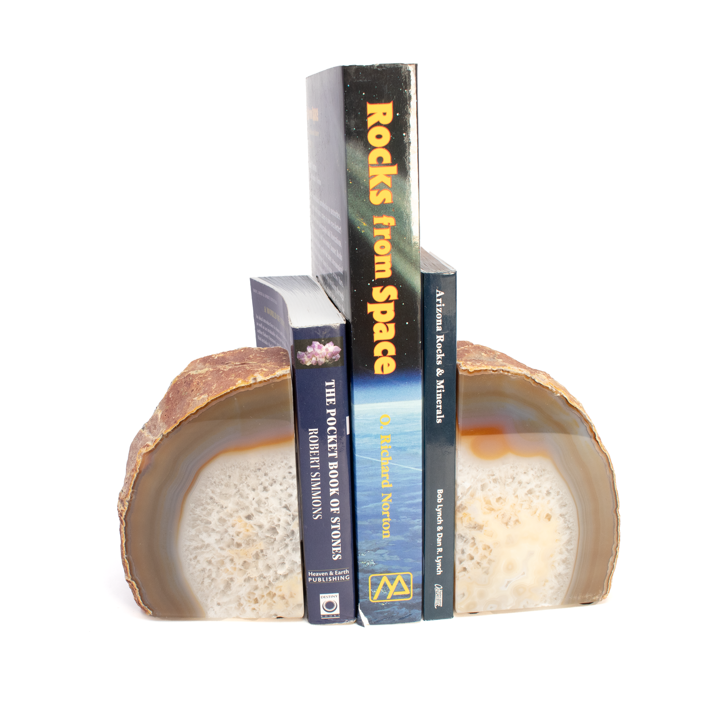 Agate Geode Bookends - Brown & Blue Bands with Quartz Center