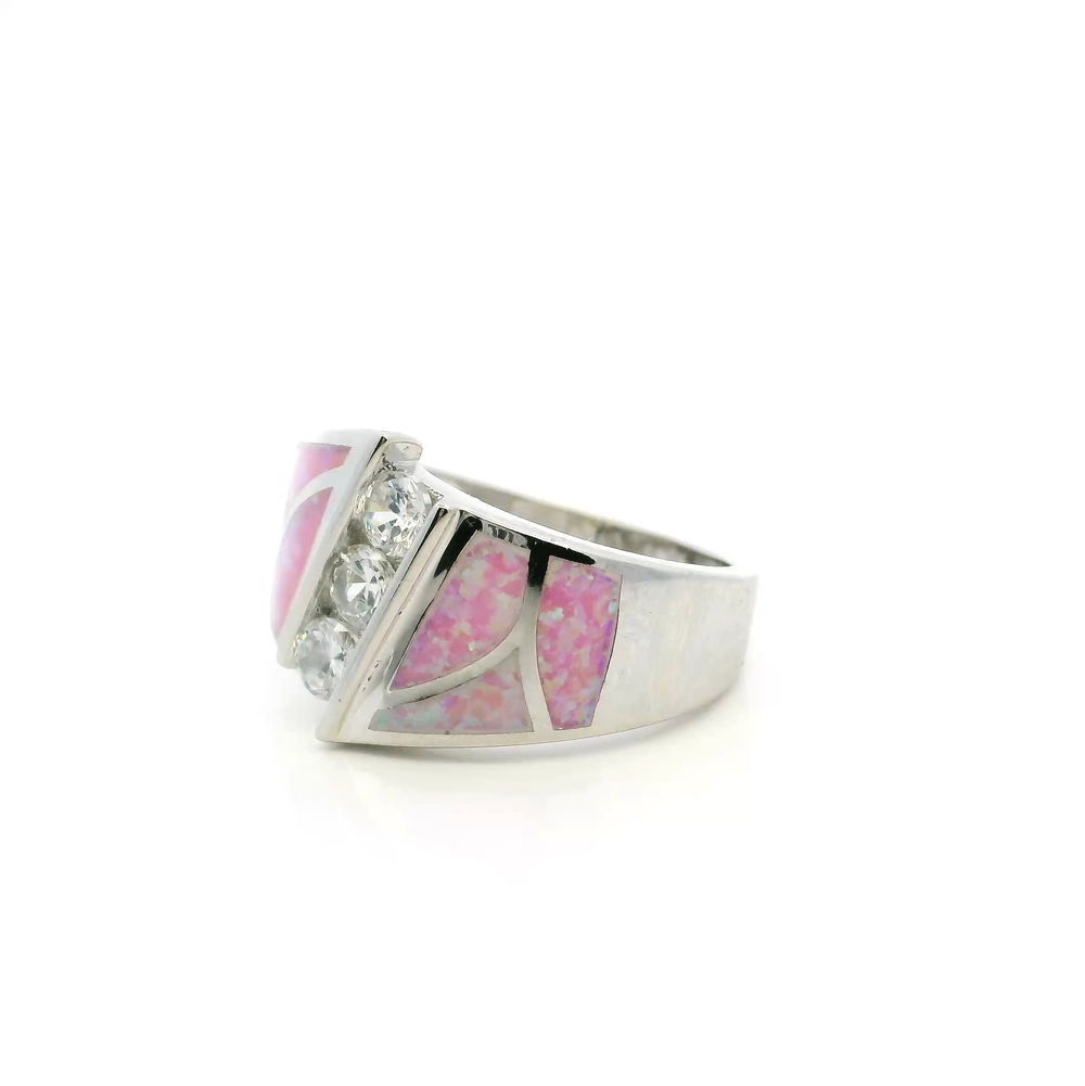 Shot of Pink Opal Ring Size 8 - Curved Inlay Band with White Czs