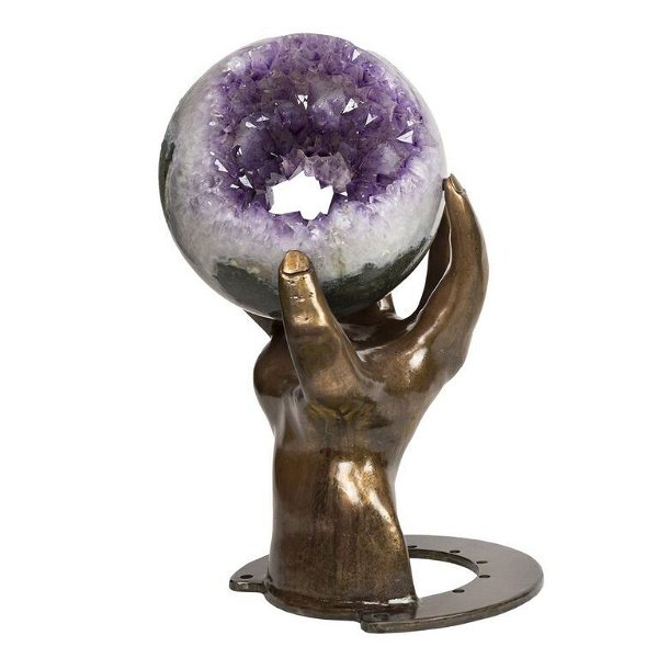 Closeup photo of Amethyst Tunnel Sphere Of Crystals With Custom Hand Metal Base