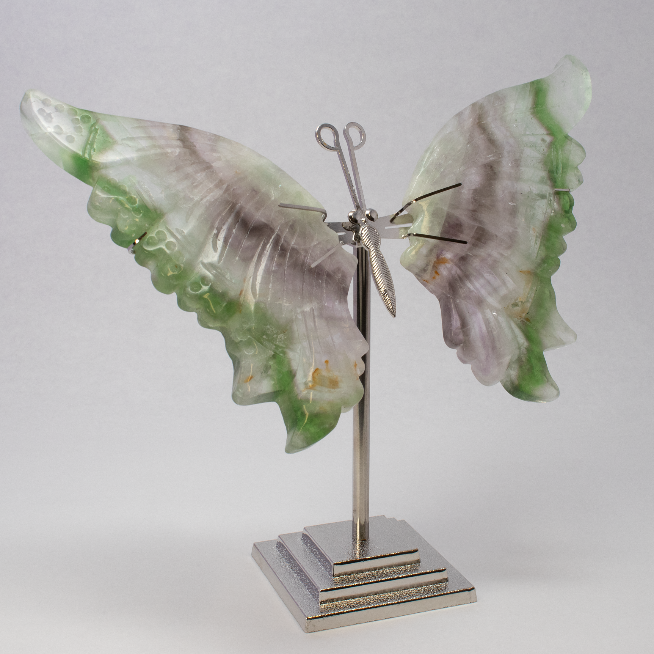 Rainbow Fluorite Butterfly Wings Carving with Stand