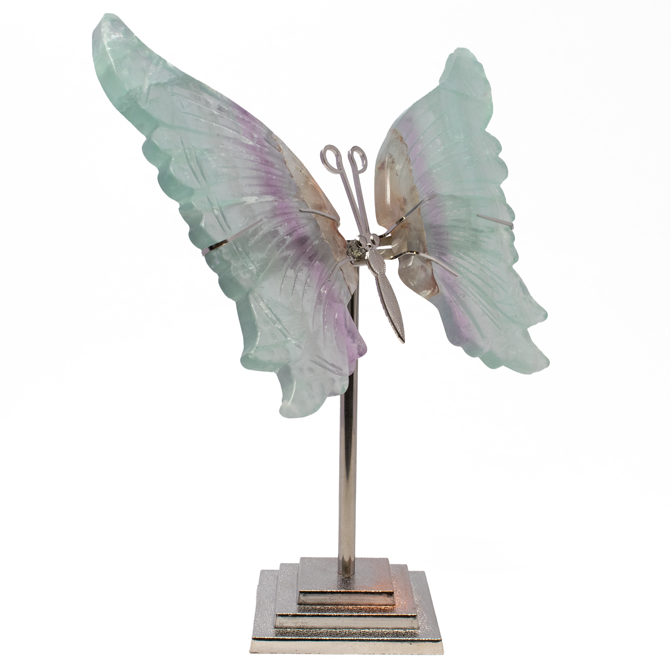 Rainbow Fluorite Butterfly Wings Carving with Stand