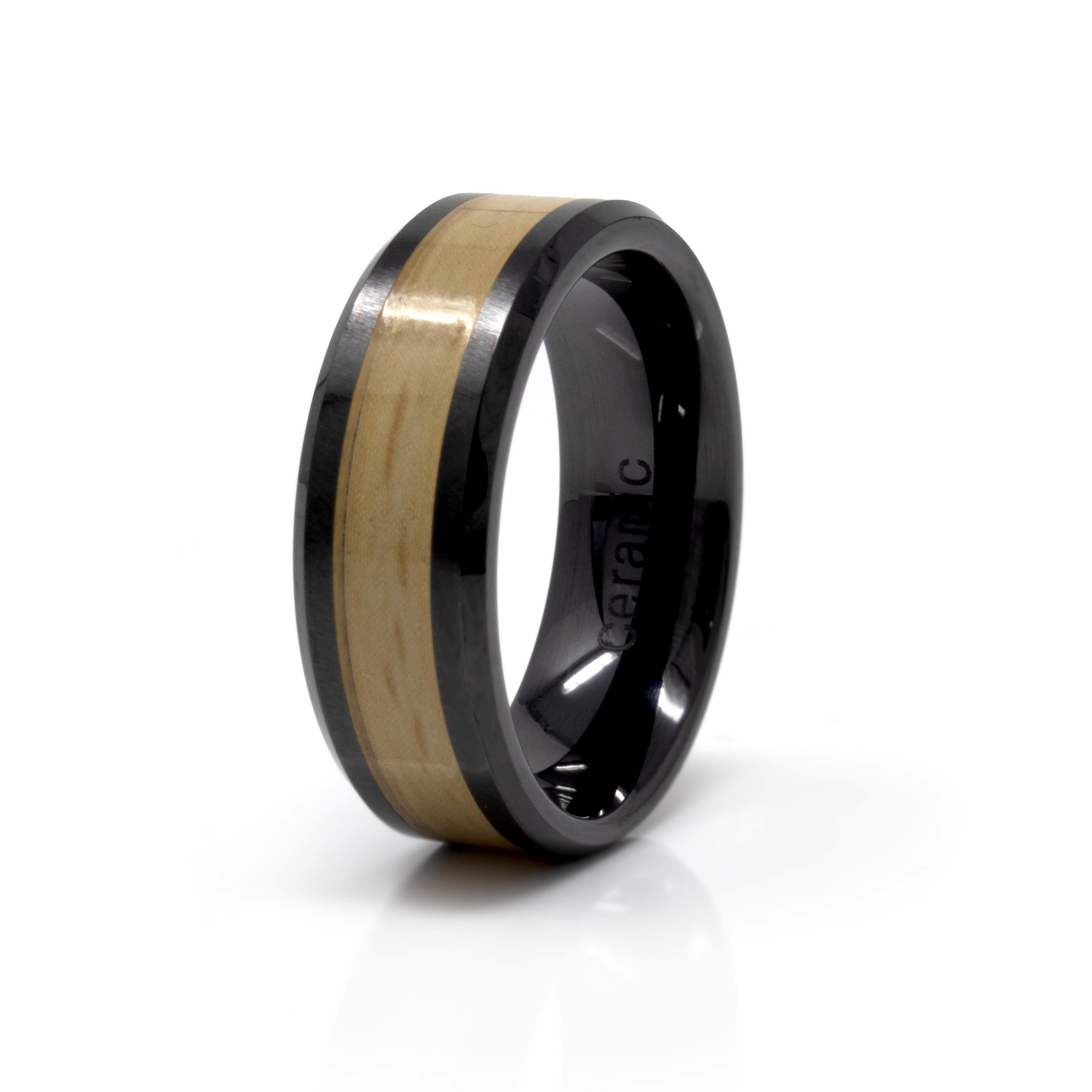 Ceramic Ring Size 11 - 8mm With Black Ip Plated & Wood Inlay Center