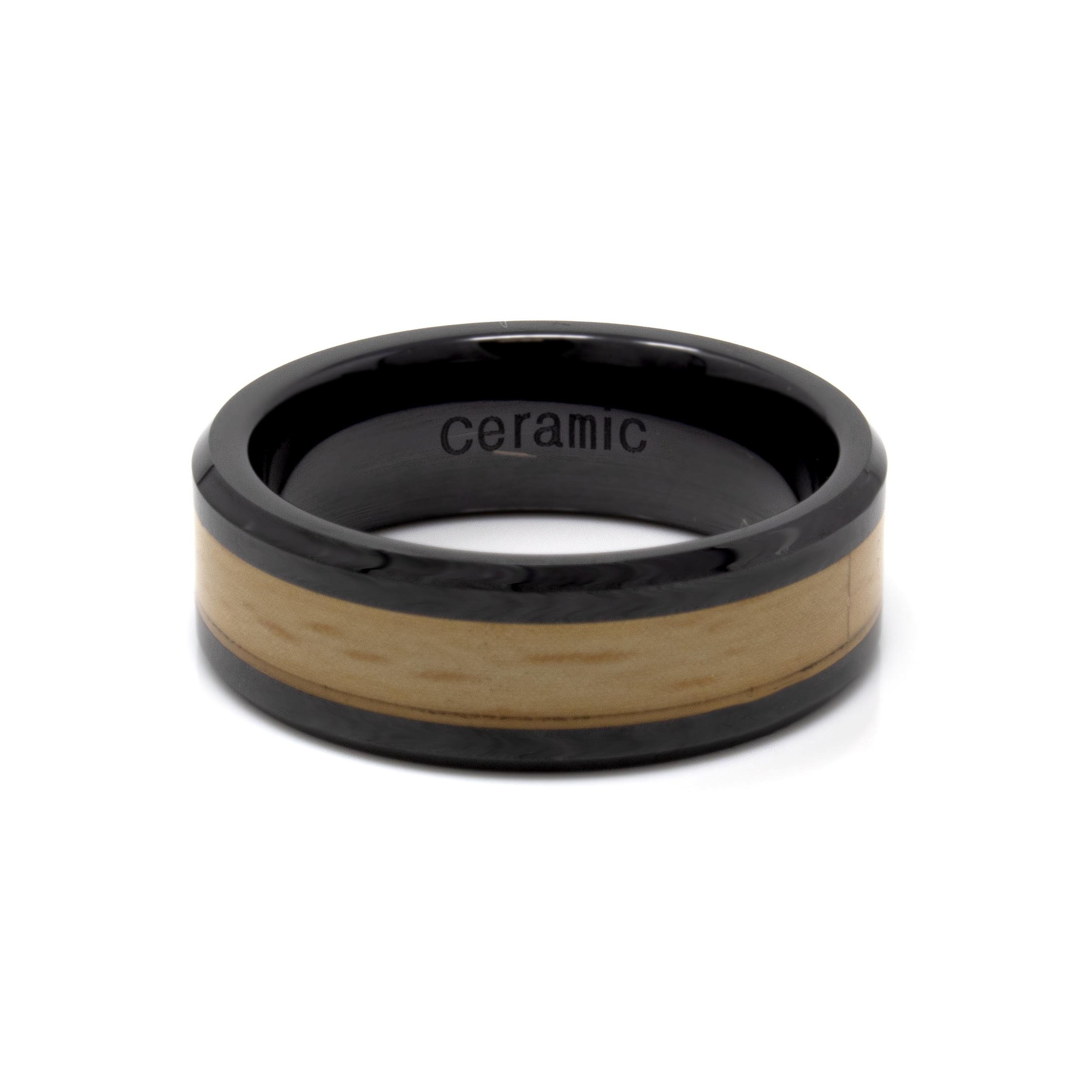 Ceramic Ring Size 12.5 - 8mm With Black Ip Plated & Wood Inlay Center