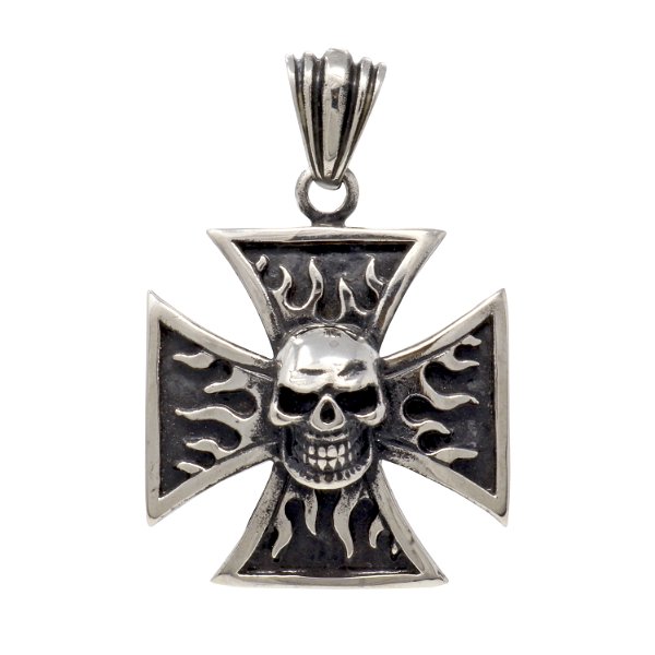 Closeup photo of Stainless Steel Skull Pendant -Chopper Cross With Flames
