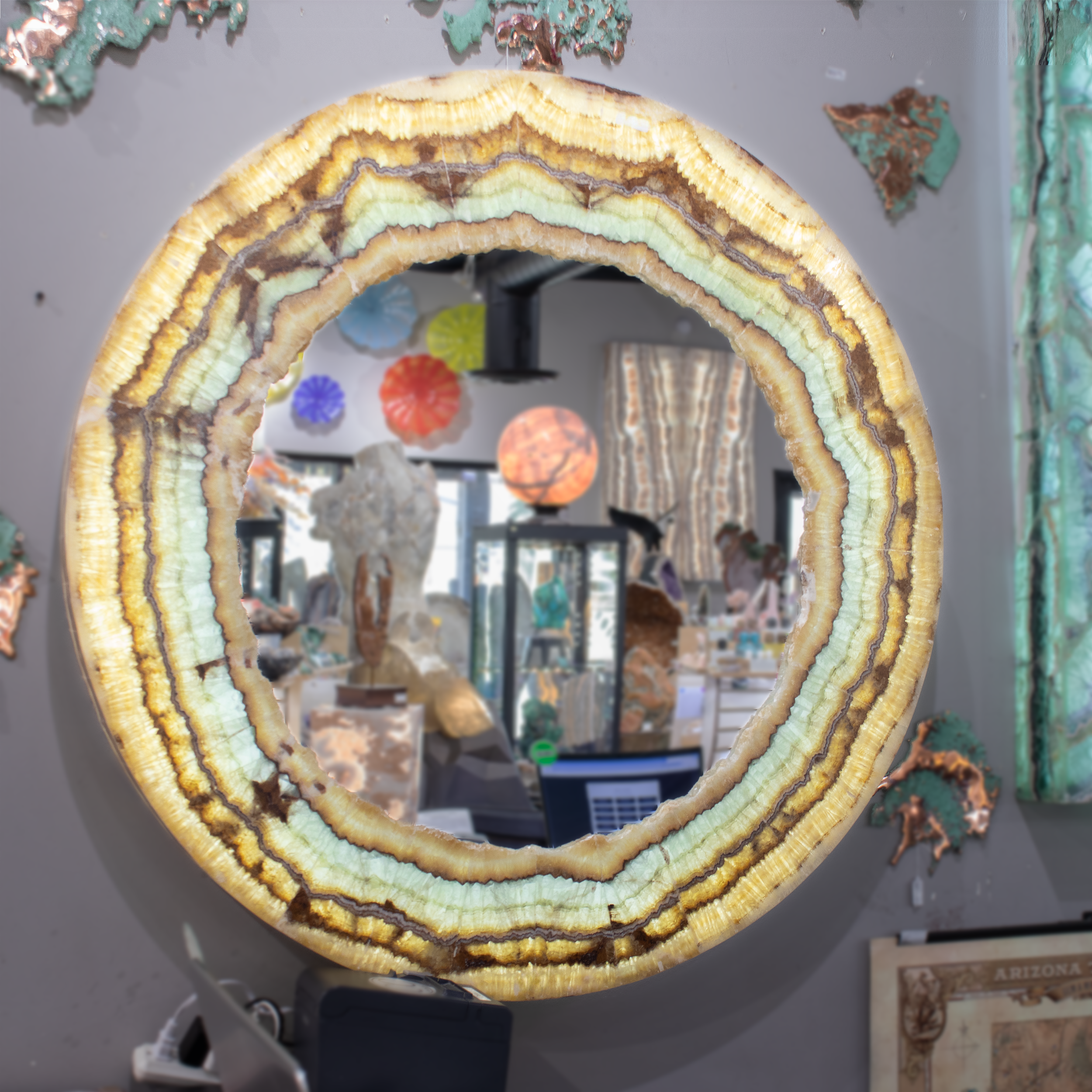 Aqua Onyx Mirror - Round With Prominent Scalloped Banding